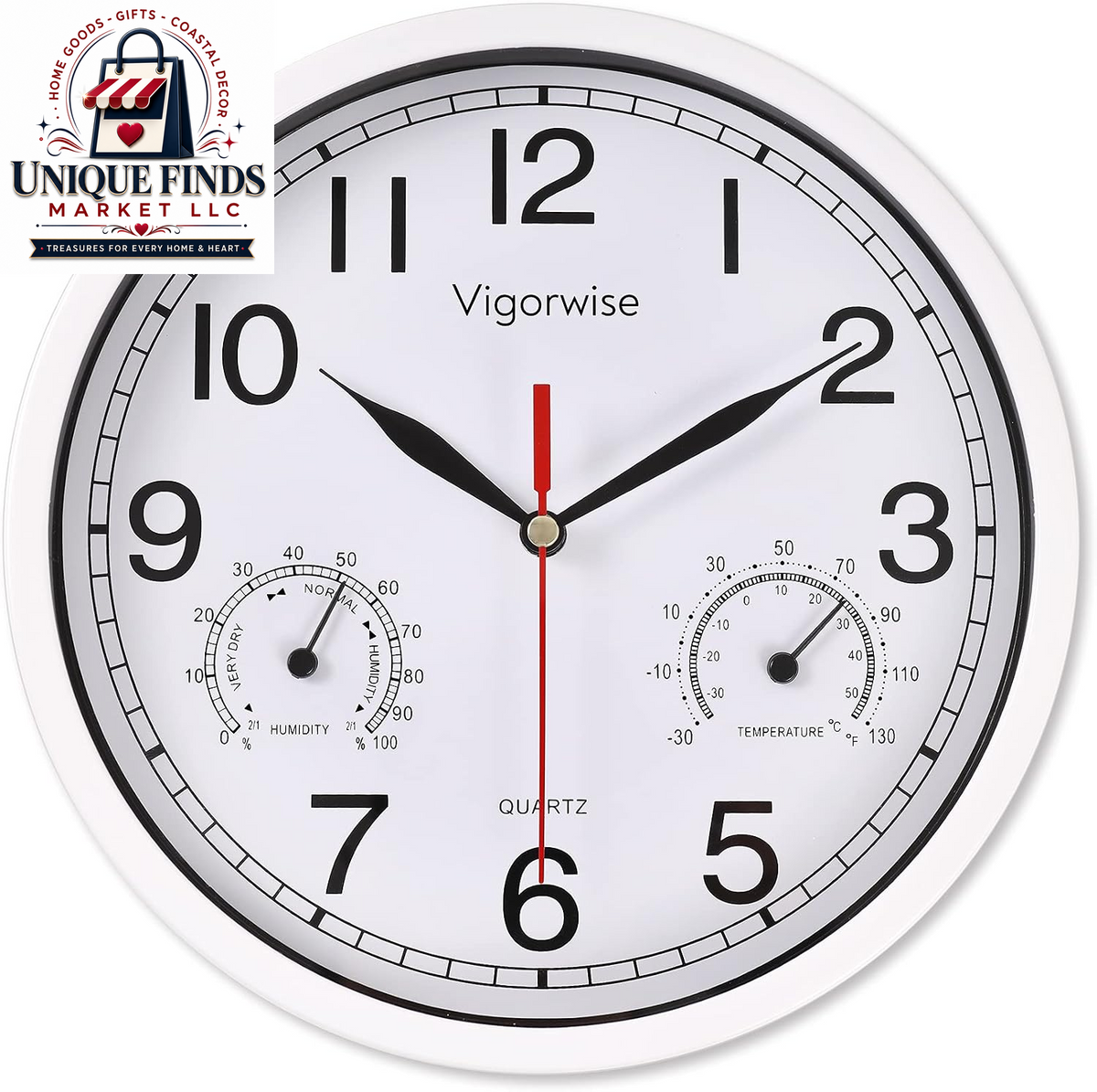 12-Inch Silent White Wall Clock with Integrated Temperature Display