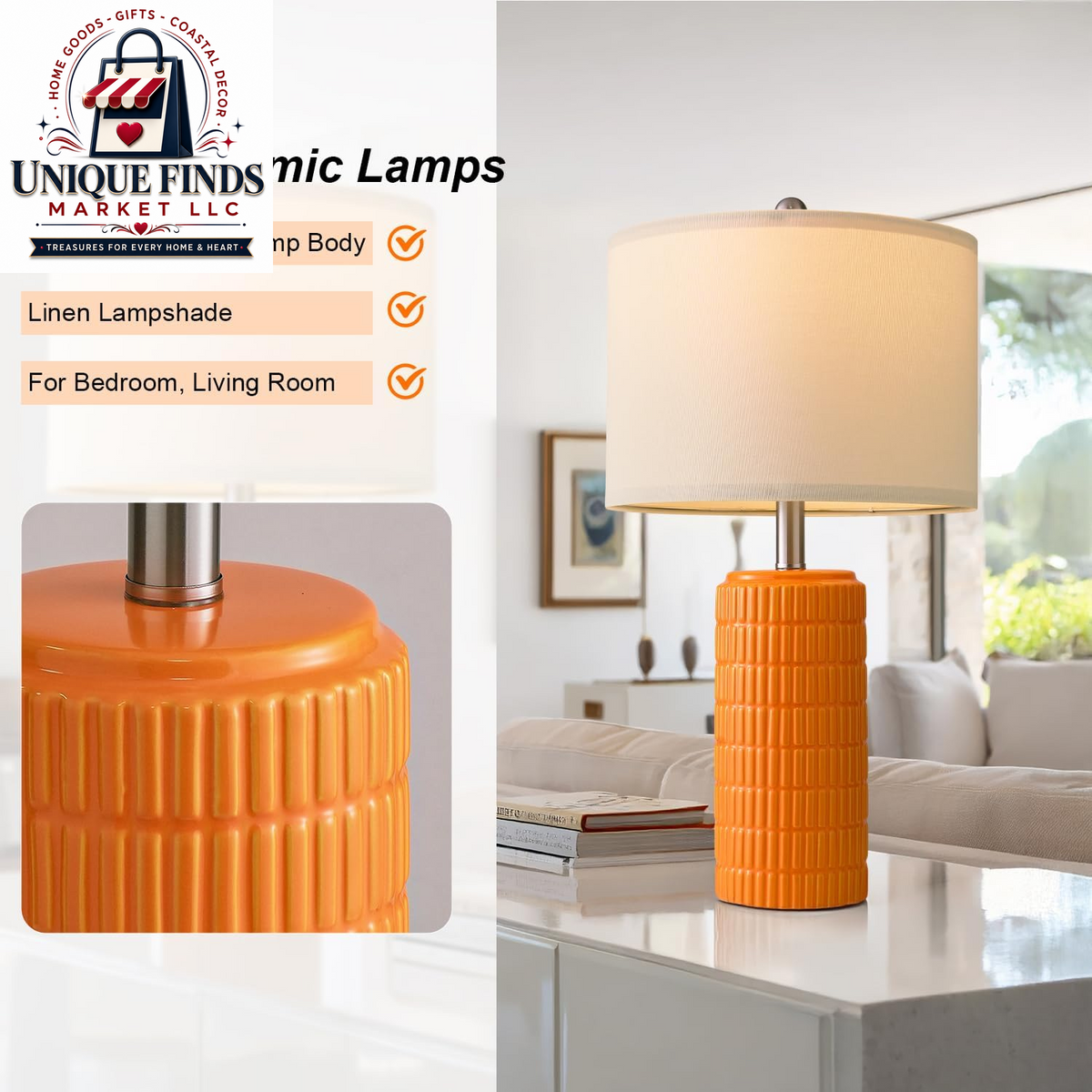 Pokat Set of 2 Modern 23" Orange Ceramic Table Lamps for Living Room and Bedroom Decor