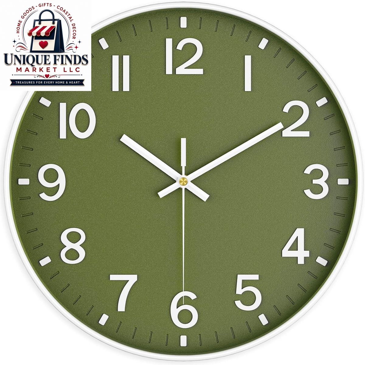 Battery Operated 12-Inch Silent Analog Wall Clock with Large Numbers for Home and Office Decor - Olive Green