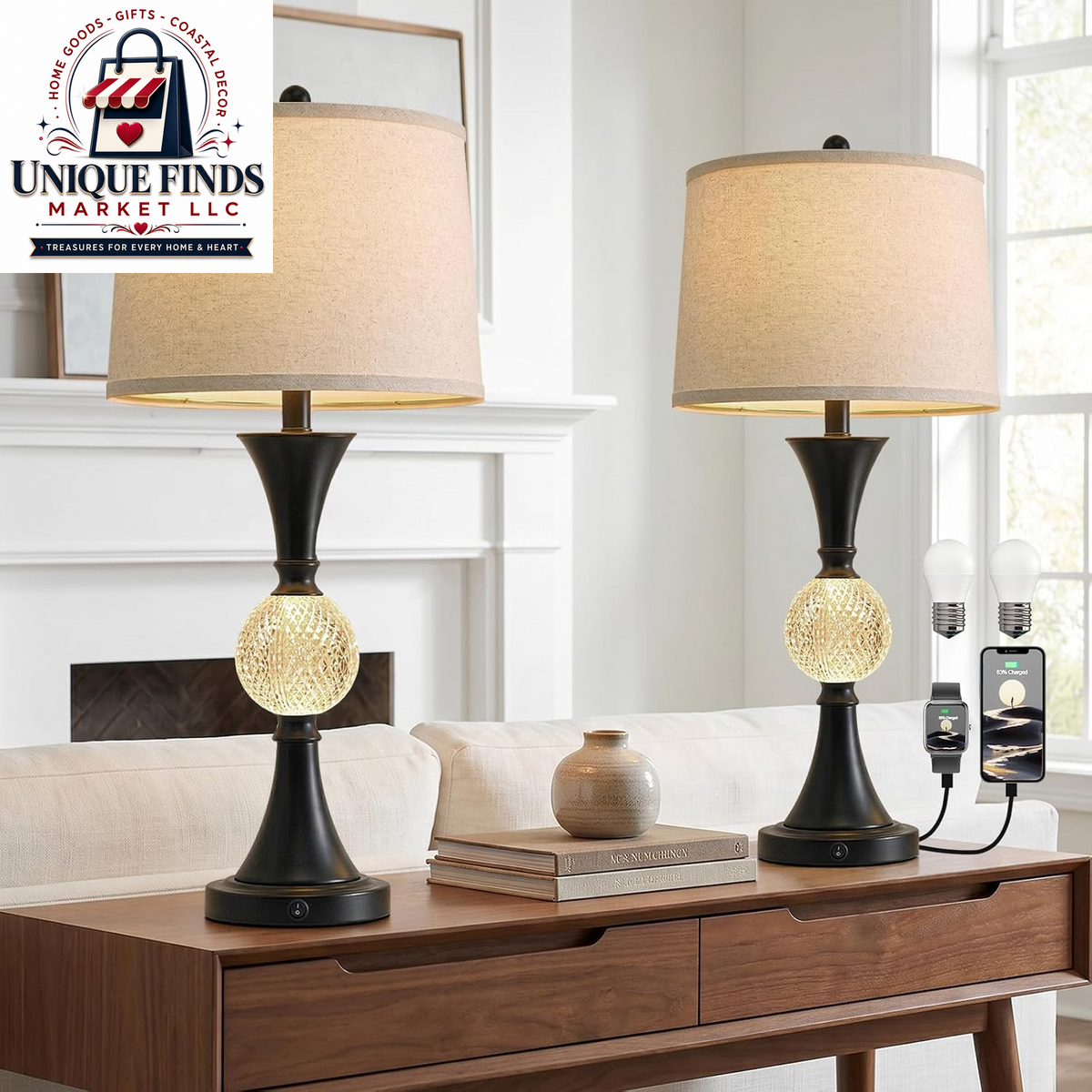 Oneach 28.5" Black Table Lamps - Set of 2 Tall Luxury Bedside Lamps with Night Light and USB A+C Charging Ports, Elegant Metal Design for Bedroom and Office End Table Decor