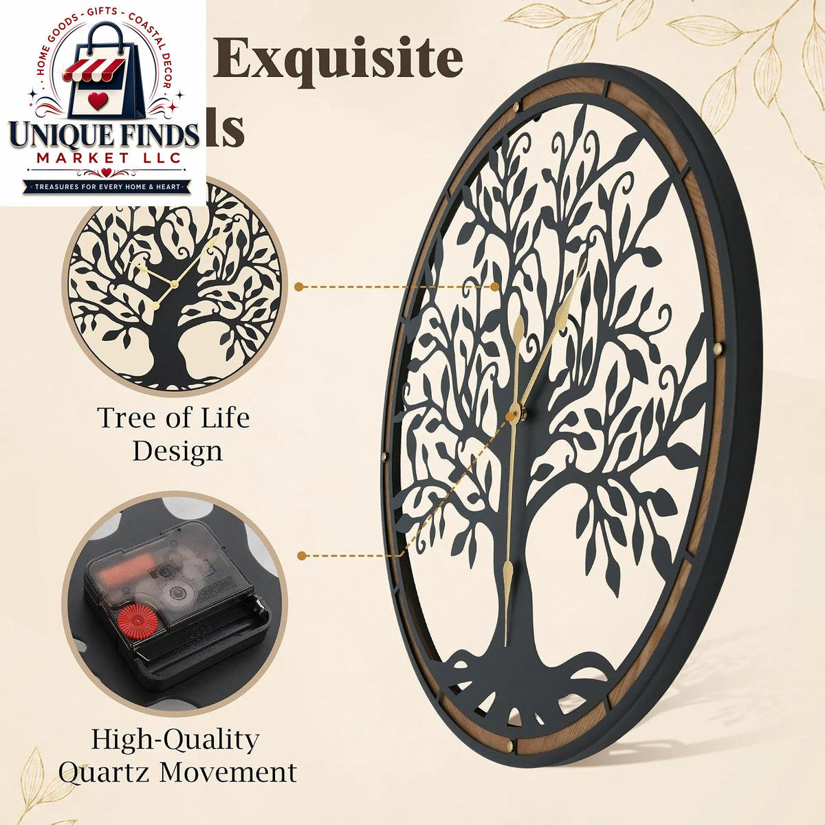 Micasso Decorative Large Wall Clock: 24-Inch Tree of Life, Battery Operated