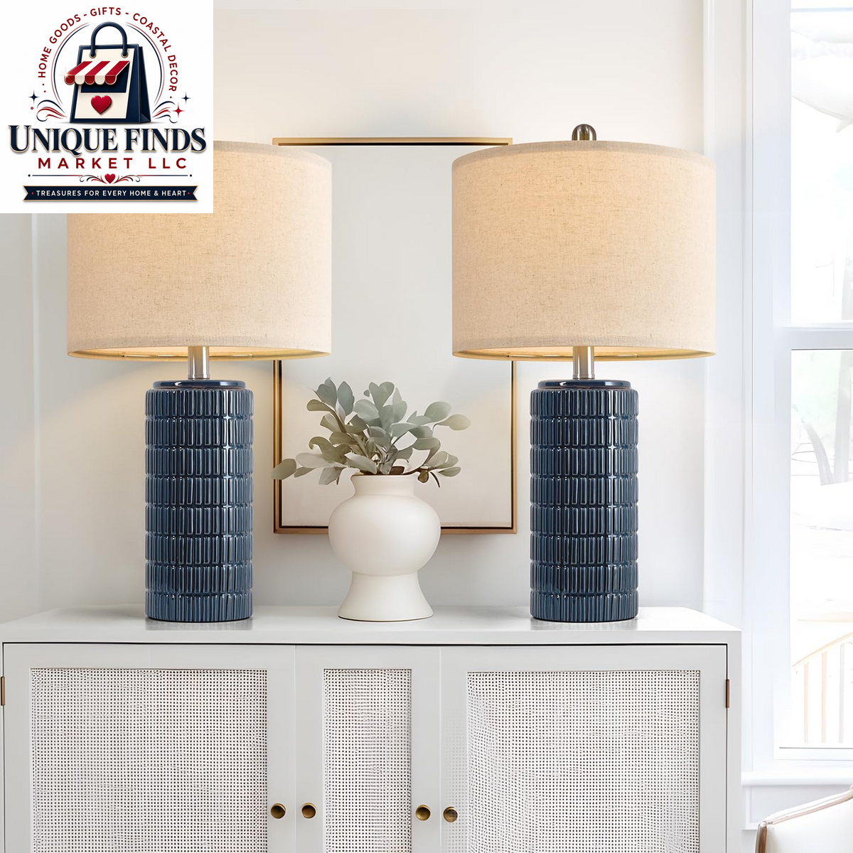 Pokat 23" Blue Ceramic Table Lamps - Set of 2, Traditional Farmhouse Bedside and Living Room Nightstand Lamps