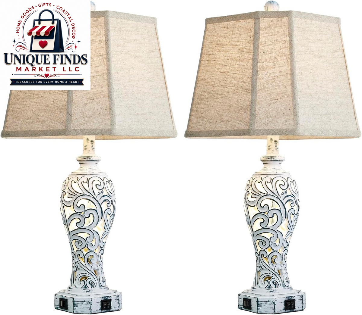Set of 2 25-Inch Farmhouse Table Lamps for Living Room with USB C+A Ports