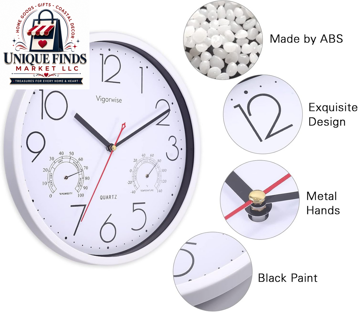 12-Inch Silent White Wall Clock with Integrated Temperature Display