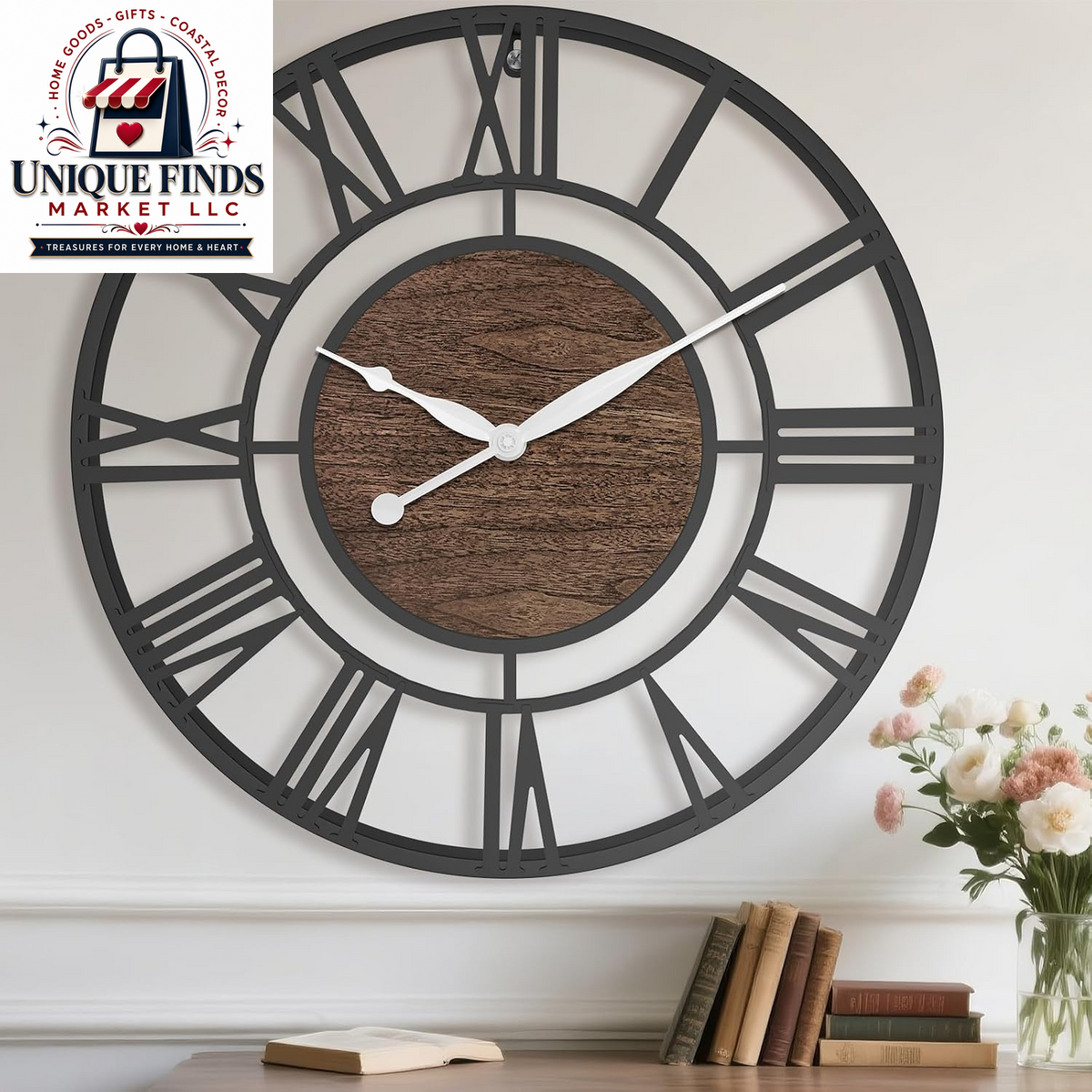 Pytha Sight 30-Inch Black Large Roman Numeral Wall Clock for Living Room Décor