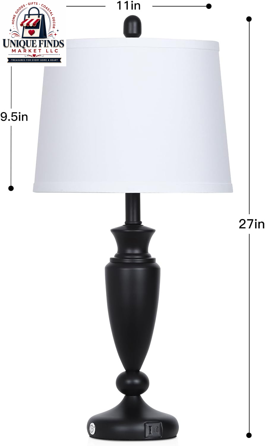 Rinweey 27-Inch Black Table Lamps Set of 2 with 3-Way Touch Control and USB A+C Ports, Modern Metal Nightstand Lamps for Living Room, Bedroom, and Office Decor