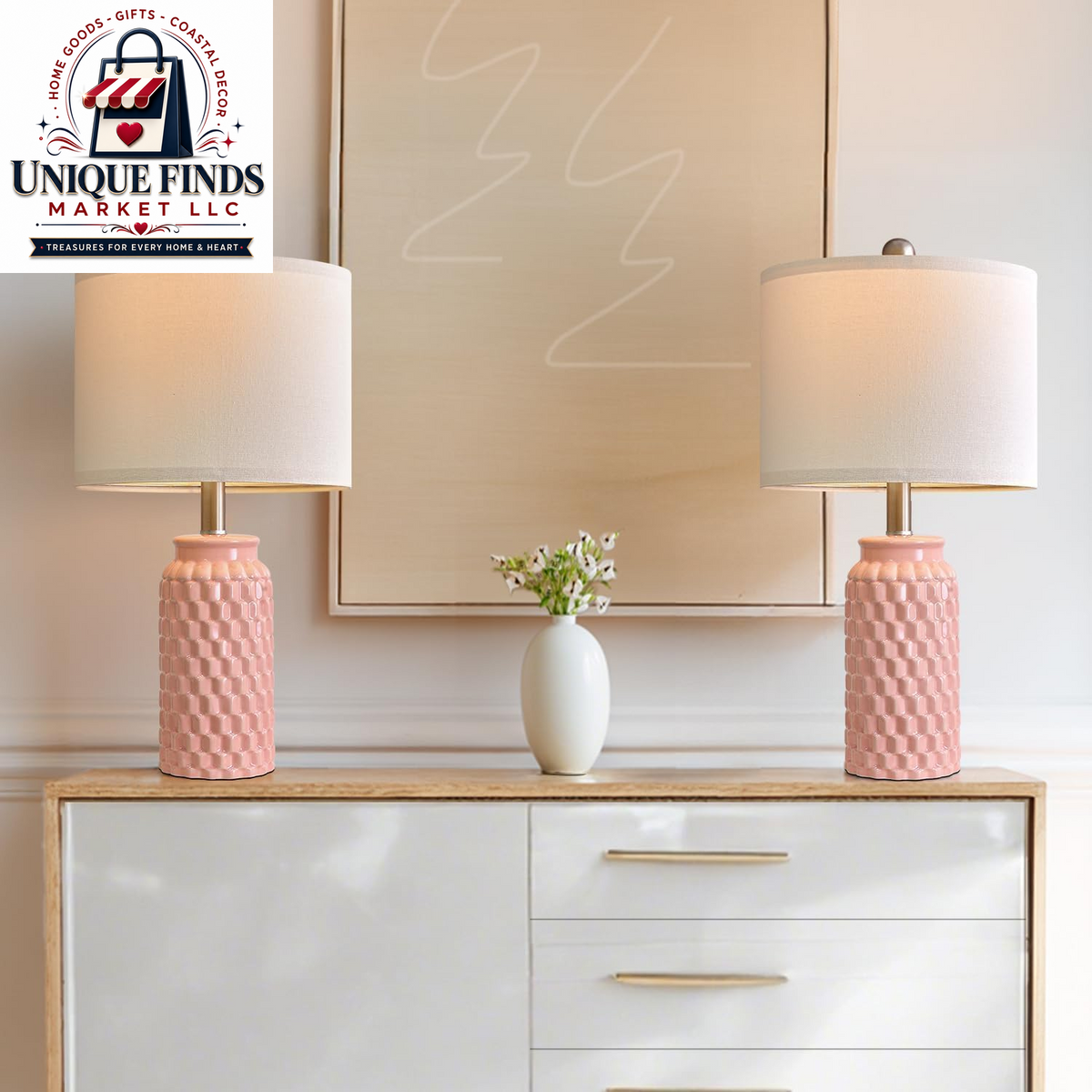 Set of 2 Pink Ceramic Nightstand Lamps, 20.5 Inches