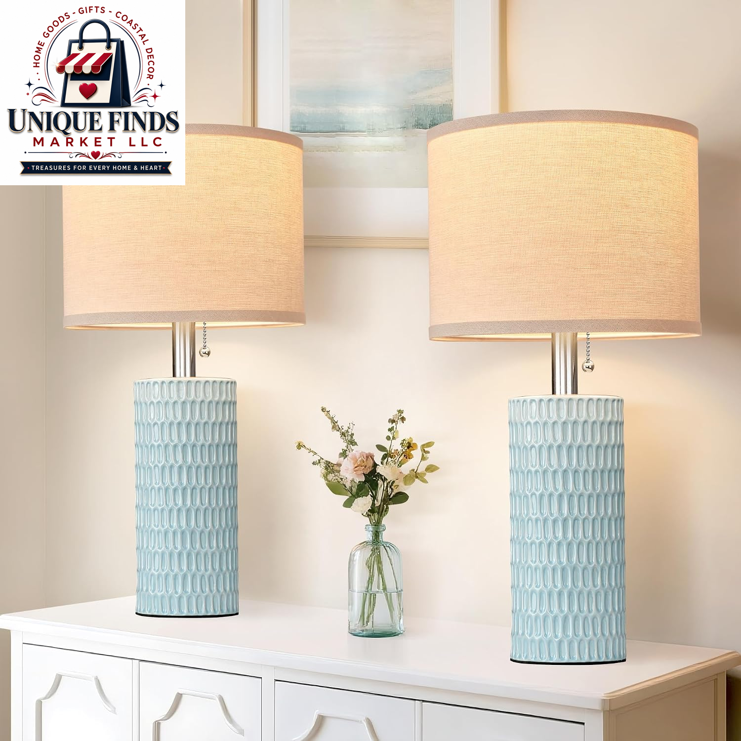 Reaketon 20” Modern Table Lamps Set of 2, Lamps for Bedroom, Blue