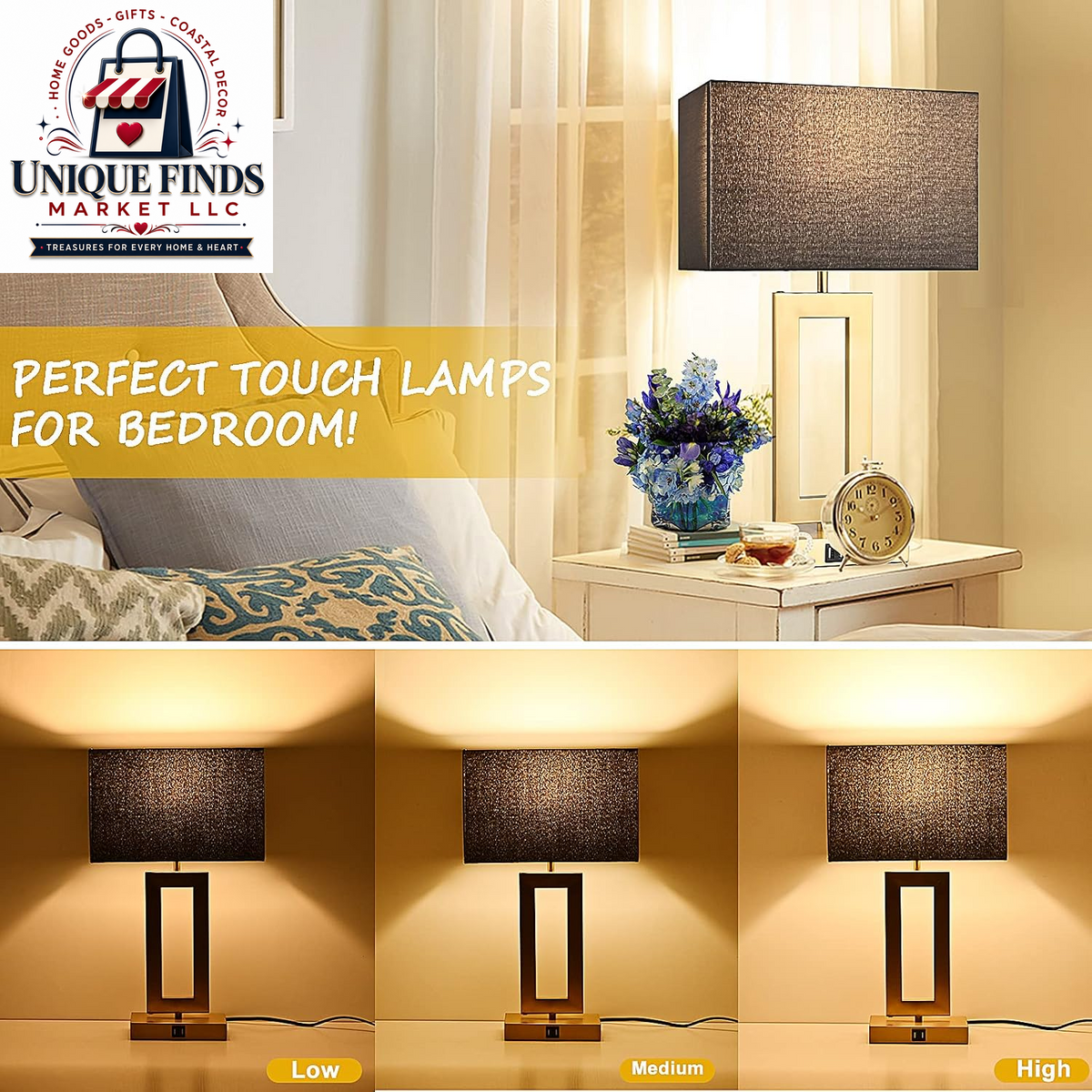Set of 2 Modern 22'' Black and Gold Touch Control Table Lamps with USB Ports, 3-Way Dimmable Function and LED Bulbs Included, Ideal for Bedrooms and Living Room End Tables