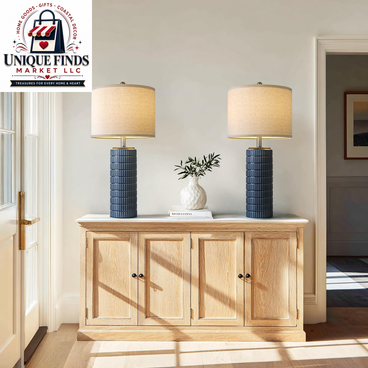 Pokat 23" Blue Ceramic Table Lamps - Set of 2, Traditional Farmhouse Bedside and Living Room Nightstand Lamps