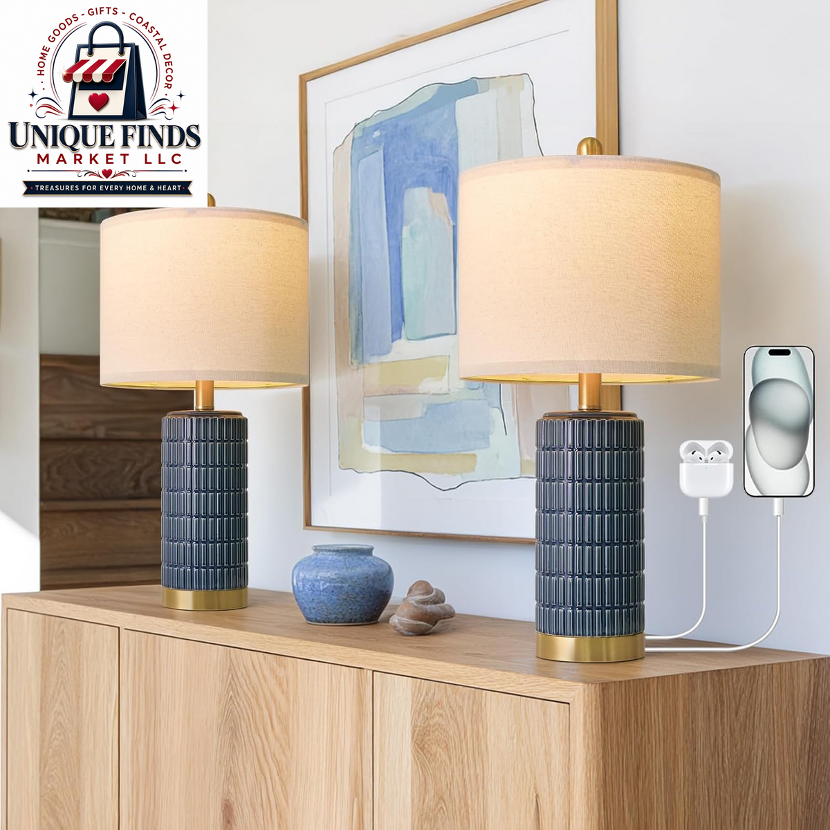 Pokat Set of 2 Modern 24" Ceramic Table Lamps in Green for Bedroom and Living Room Decor