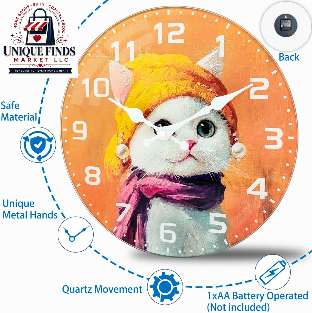 Elegant 8-Inch Cat-Themed Glass Wall Clock - Battery Operated, Silent Non-Ticking Analog Design for Home and Office Decor