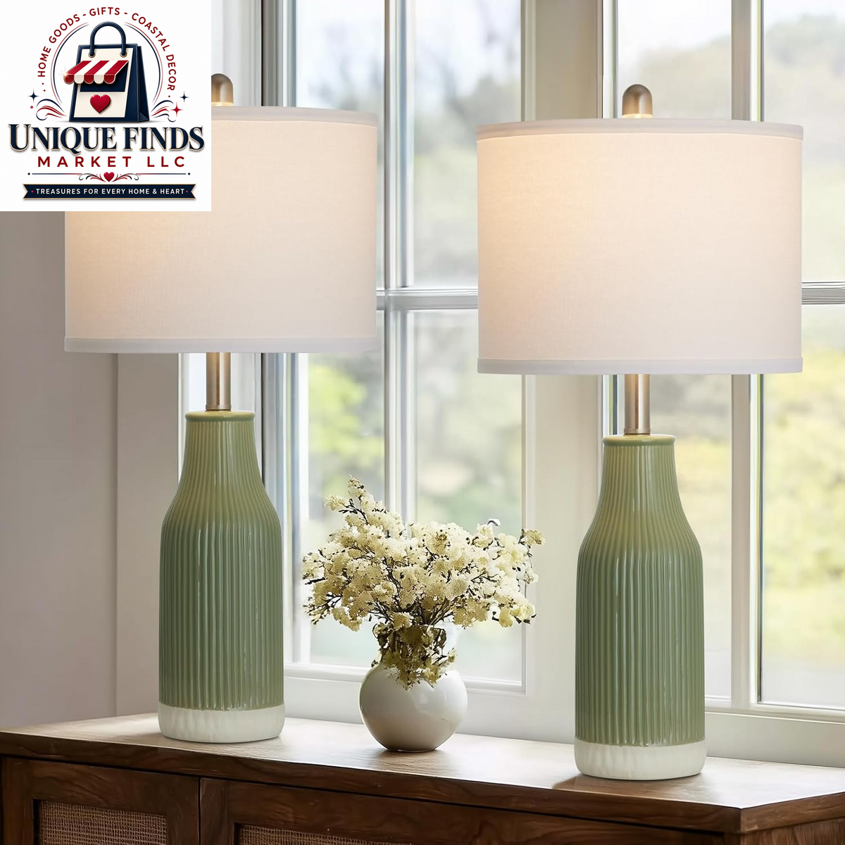 Set of 2 Sage Green 24.5" Ceramic Table Lamps for Bedroom and Living Room, Ideal for Nightstands and End Tables (Includes 2 LED Bulbs)