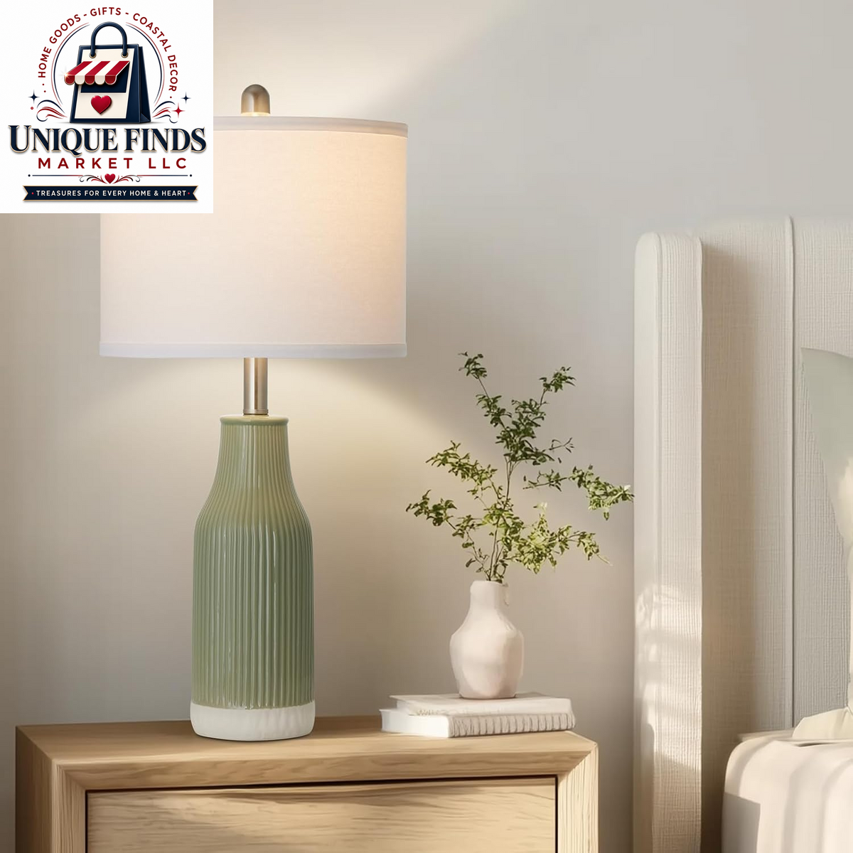 Set of 2 Sage Green 24.5" Ceramic Table Lamps for Bedroom and Living Room, Ideal for Nightstands and End Tables (Includes 2 LED Bulbs)