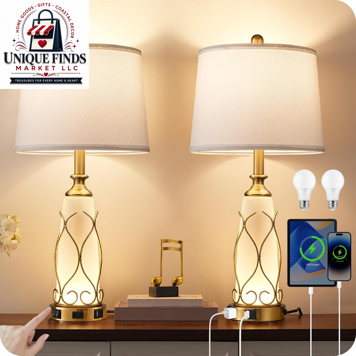 Set of 2 Farmhouse Industrial Bedside Table Lamps with USB Ports, Rustic Vintage Nightstand Desk Lamps for Living Room and Bedroom, Includes 4 Bulbs, Beige and Black E14TLP205