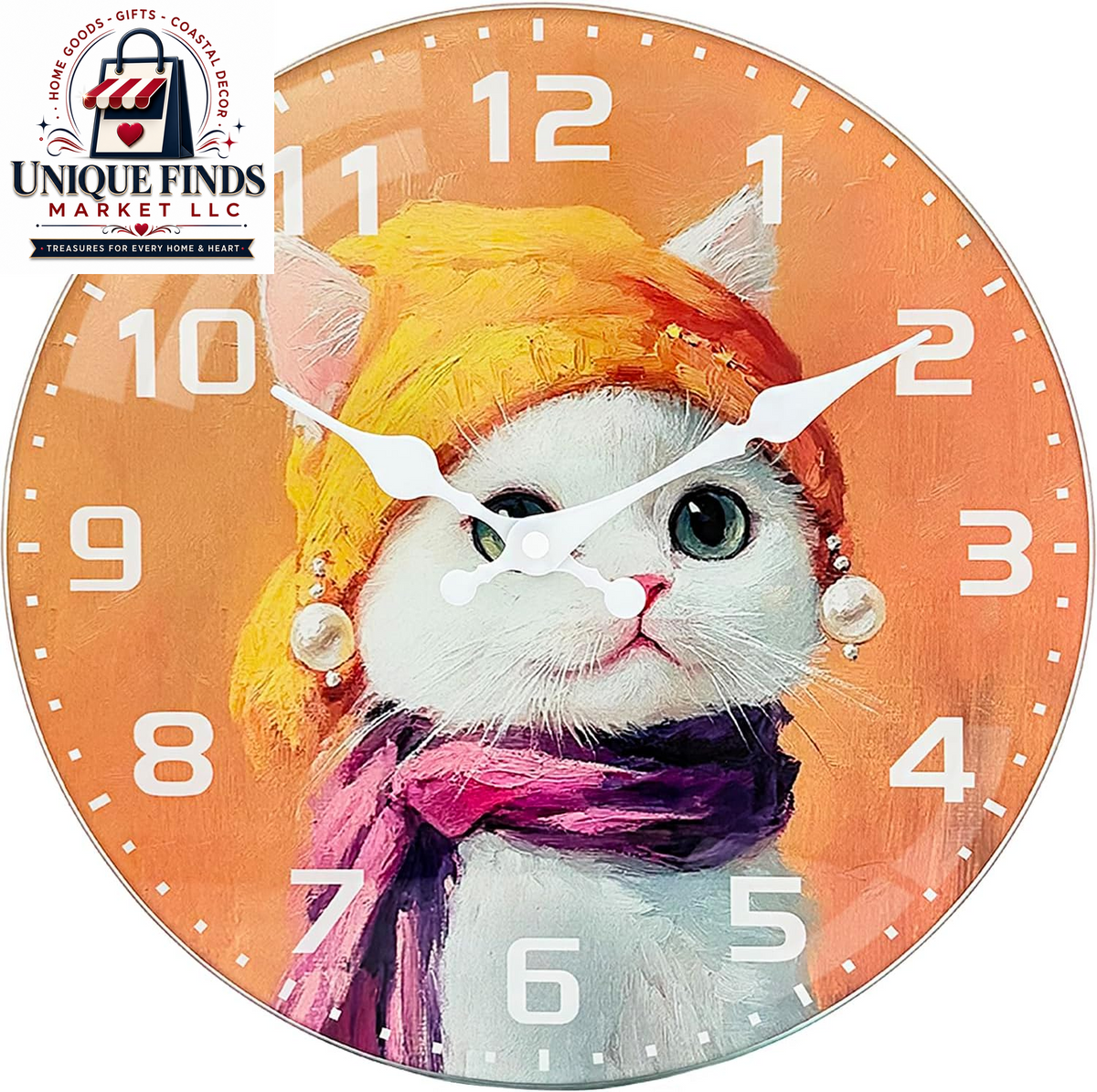 Elegant 8-Inch Cat-Themed Glass Wall Clock - Battery Operated, Silent Non-Ticking Analog Design for Home and Office Decor