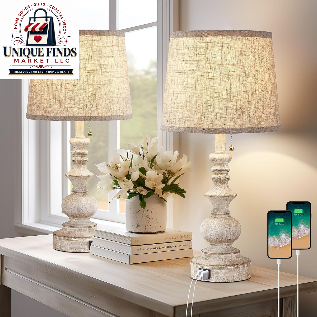 Drawealth Set of 2 Farmhouse Table Lamps for Bedrooms with USB Charging Ports, Traditional Wooden Finish, Pull Chain, Bulbs Not Included