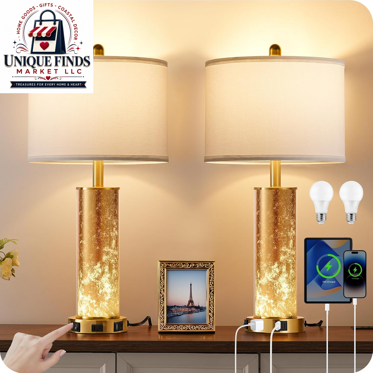 Set of 2 Farmhouse Industrial Bedside Table Lamps with USB Ports, Rustic Vintage Nightstand Desk Lamps for Living Room and Bedroom, Includes 4 Bulbs, Beige and Black E14TLP205
