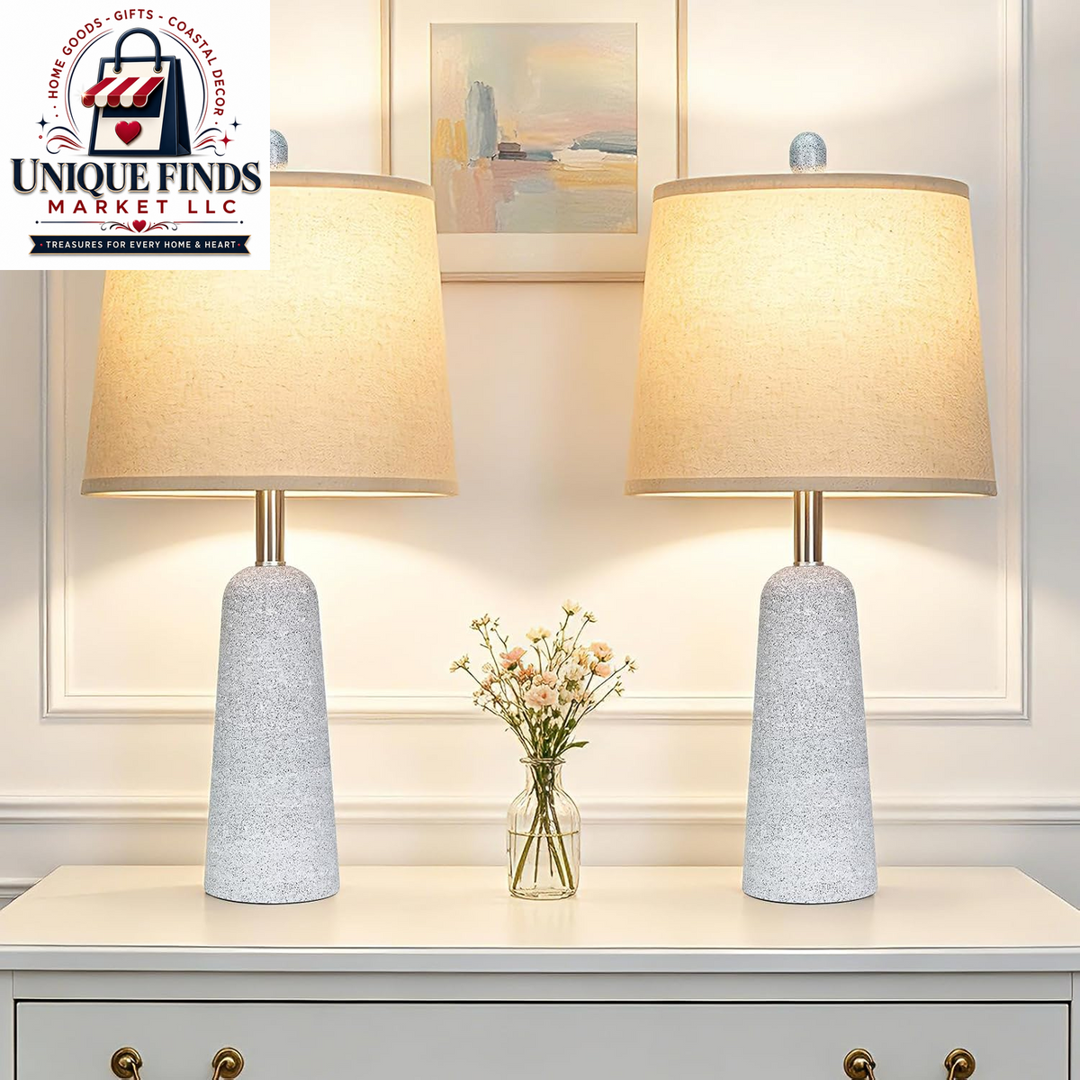Rinweey Set of 2 Modern Minimalist 24" Travertine-Inspired Concrete Table Lamps, Beige Faux Stone Design for Bedroom Nightstands and Living Room End Tables, Includes 2 LED Bulbs