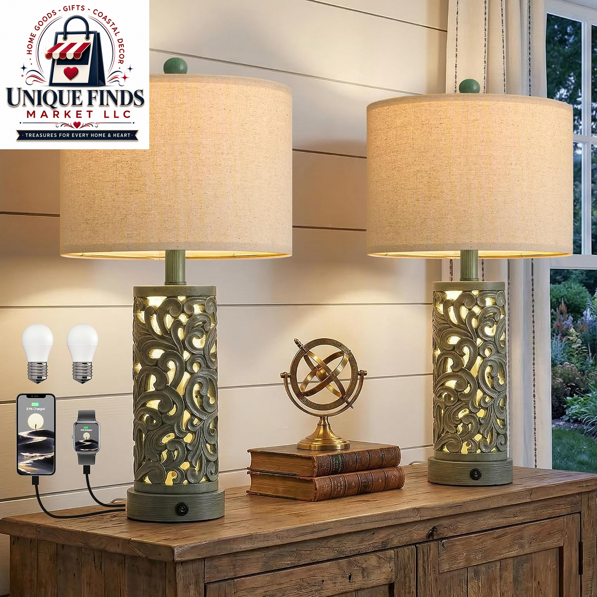 Set of 2 OYEARS 22-Inch Distressed Grey Bedside Table Lamps with Night Light