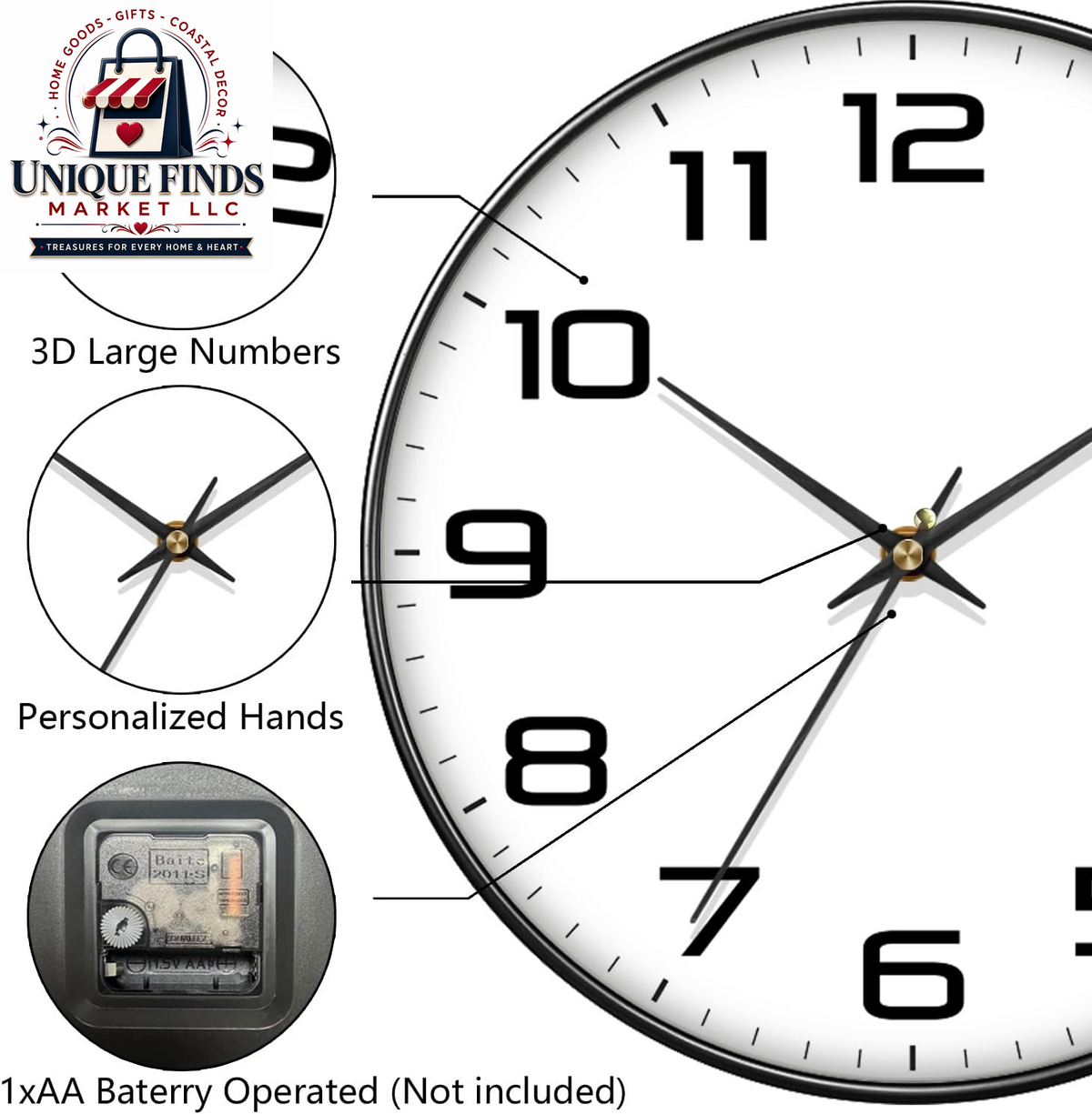 Contemporary 12-Inch Battery-Operated Silent Quartz Wall Clock with Large Easy-to-Read Numbers and Tempered Glass for Home and Office Decor