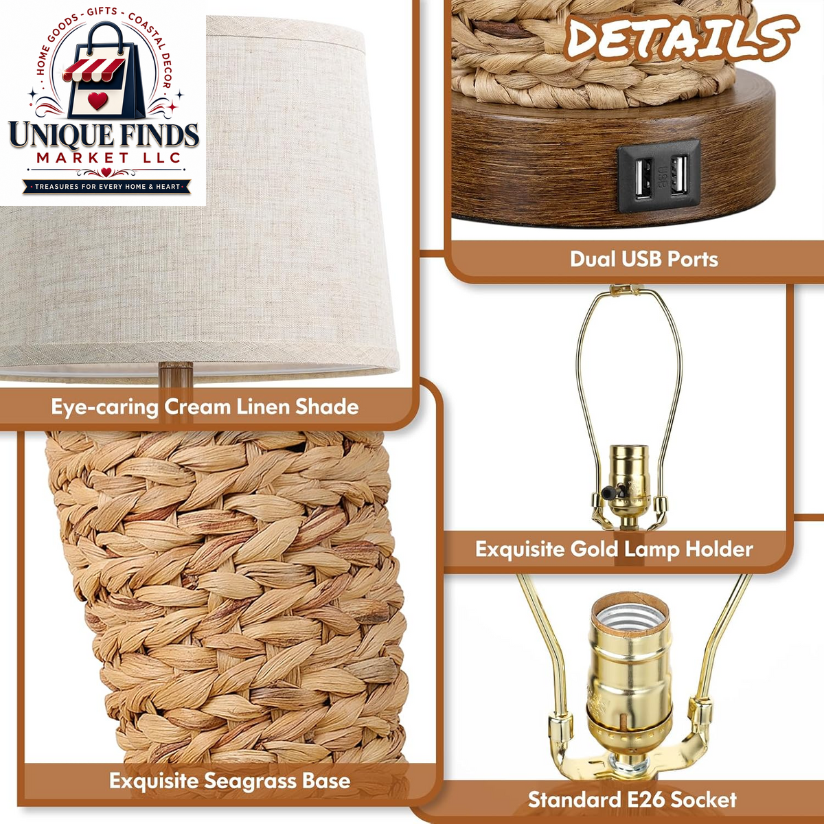 Set of 2 27-Inch Tall Rattan Table Lamps with USB Charging Ports, Boho Farmhouse Woven Seagrass Bedside Lighting for Living Room and Bedroom, E26 Socket, Cream Shade