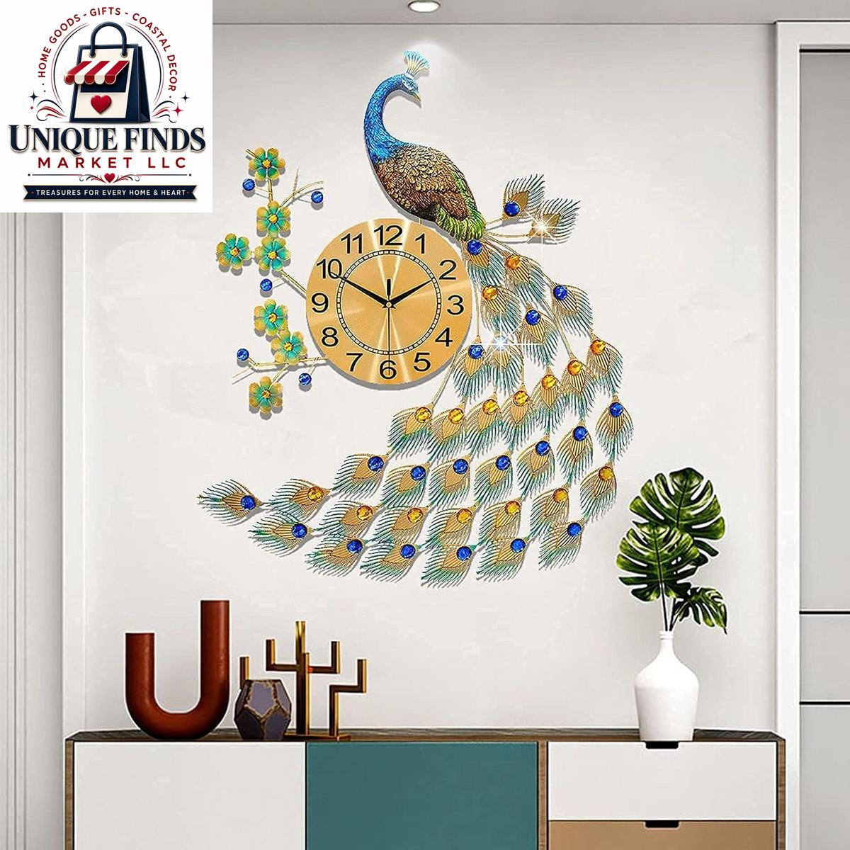 Large 28-Inch Silent Non-Ticking Peacock Wall Clock - 3D Luxury Decorative Timepiece for Living Room, Bedroom, and Dining Room Decor