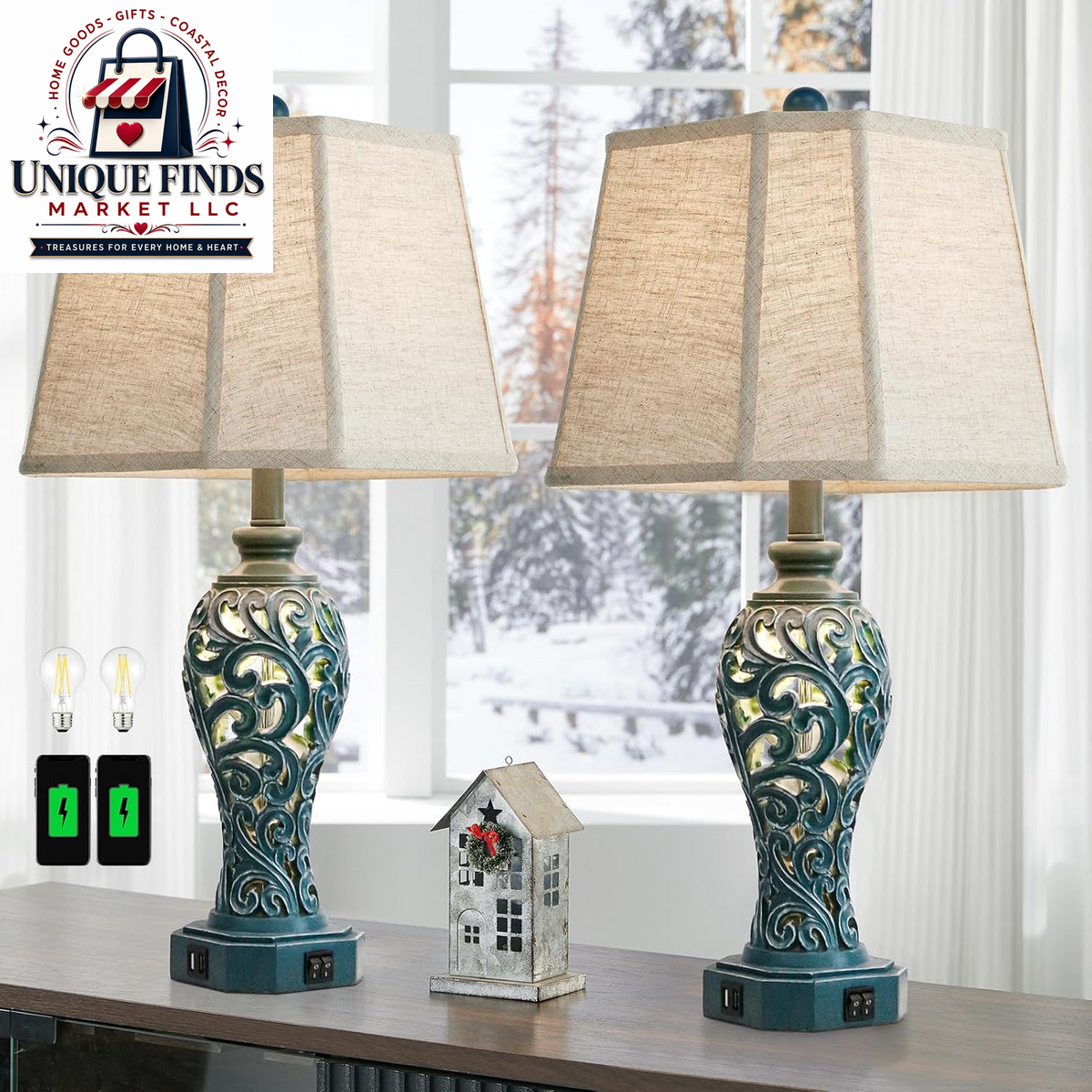 Set of 2 25-Inch Farmhouse Table Lamps for Living Room with USB C+A Ports