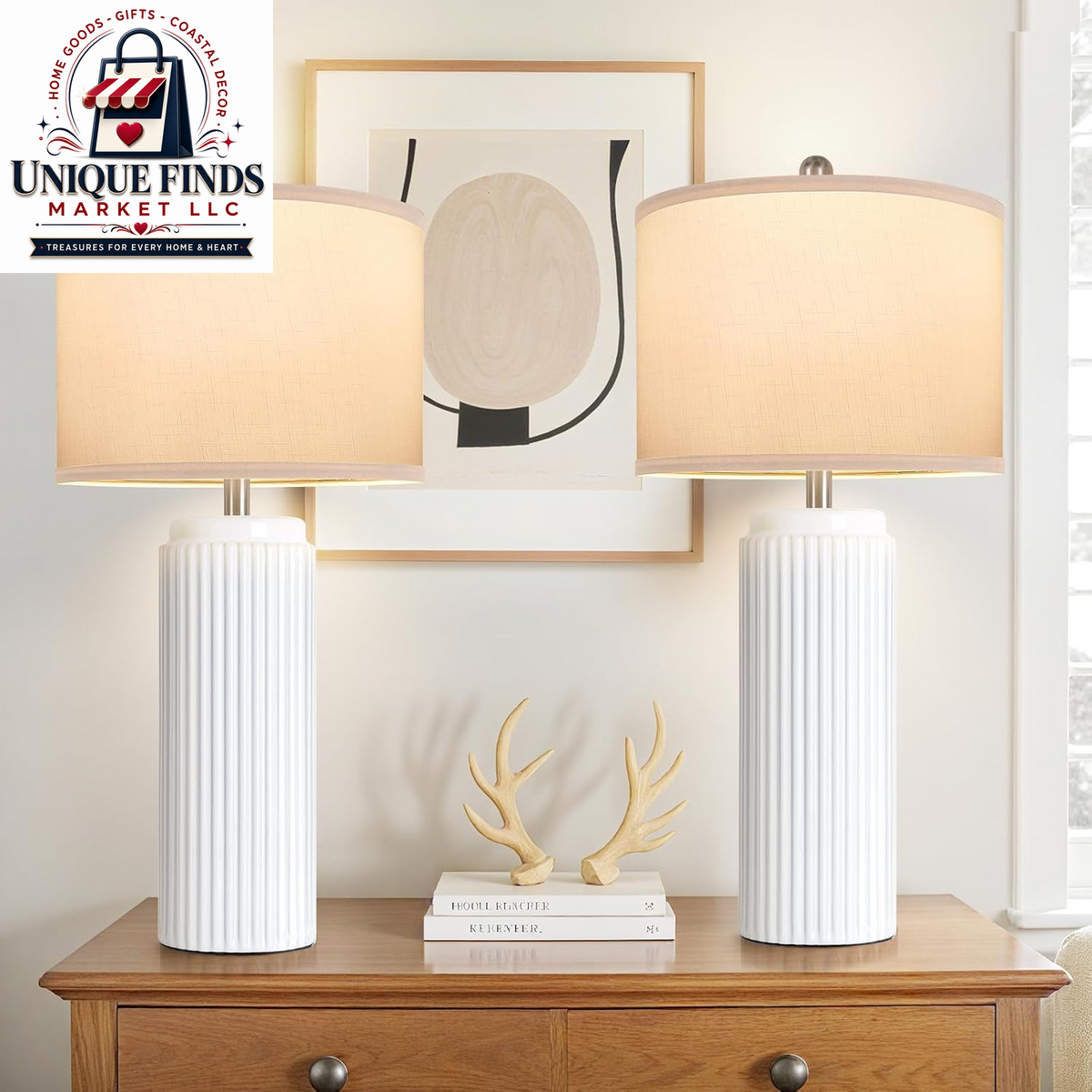 Set of 2 Modern 23.5’’ Orange Ceramic Table Lamps with White Shades for Bedroom and Living Room, Retro Farmhouse Design for Home Office and Dorm End Tables
