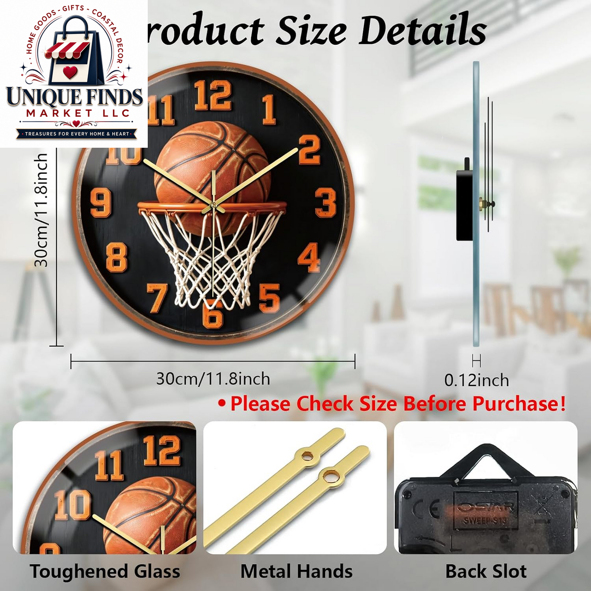 Peacoblue 12-Inch Battery-Operated Basketball Wall Clock