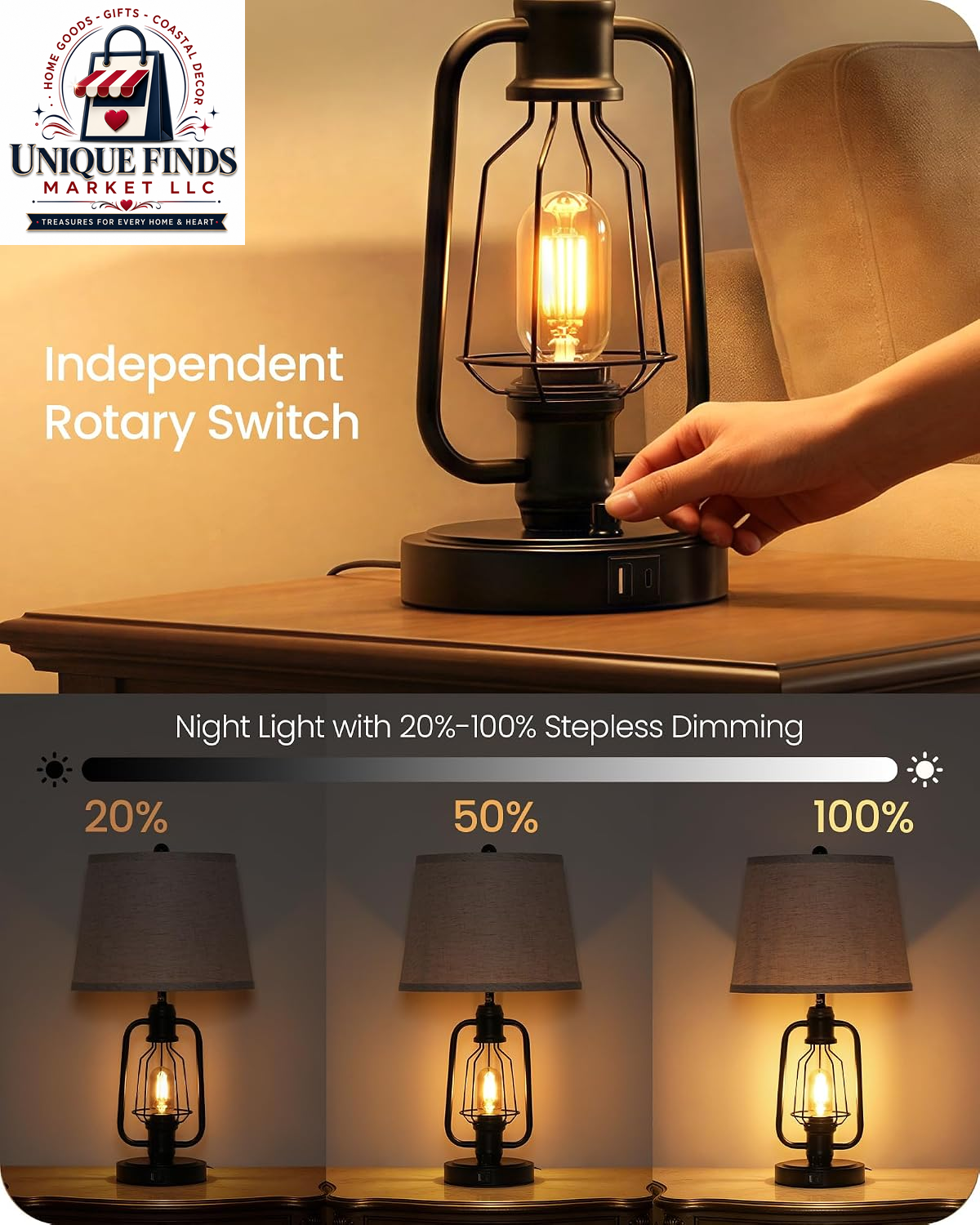 Set of 2 Farmhouse Industrial Bedside Table Lamps with USB Ports, Rustic Vintage Nightstand Desk Lamps for Living Room and Bedroom, Includes 4 Bulbs, Beige and Black E14TLP205