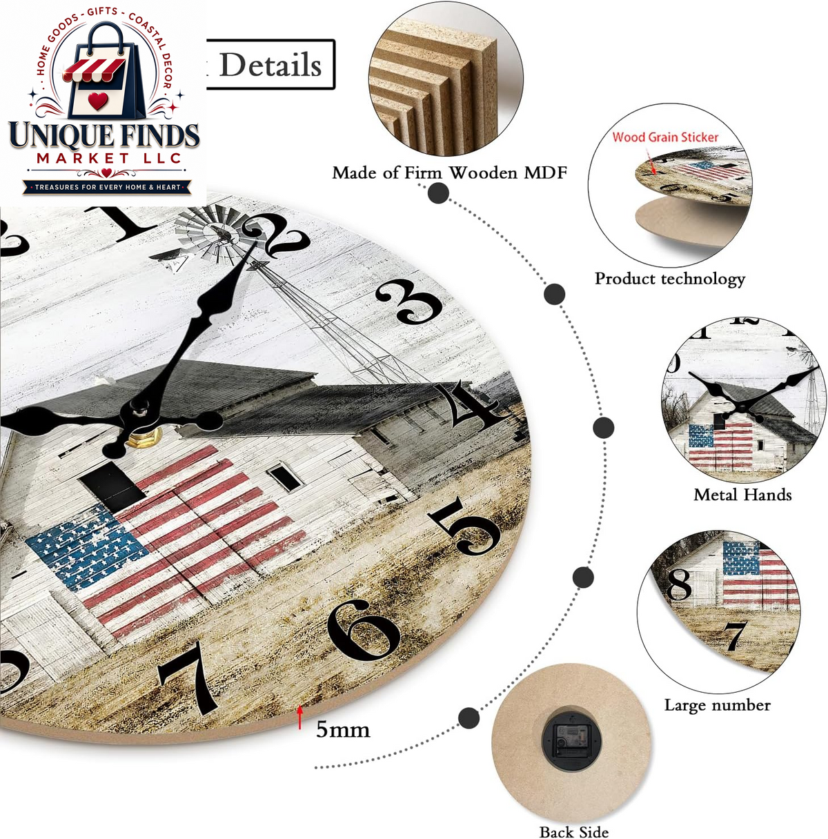 XFM 12-Inch Battery-Operated Rustic Farmhouse Wall Clock with Silent Mechanism