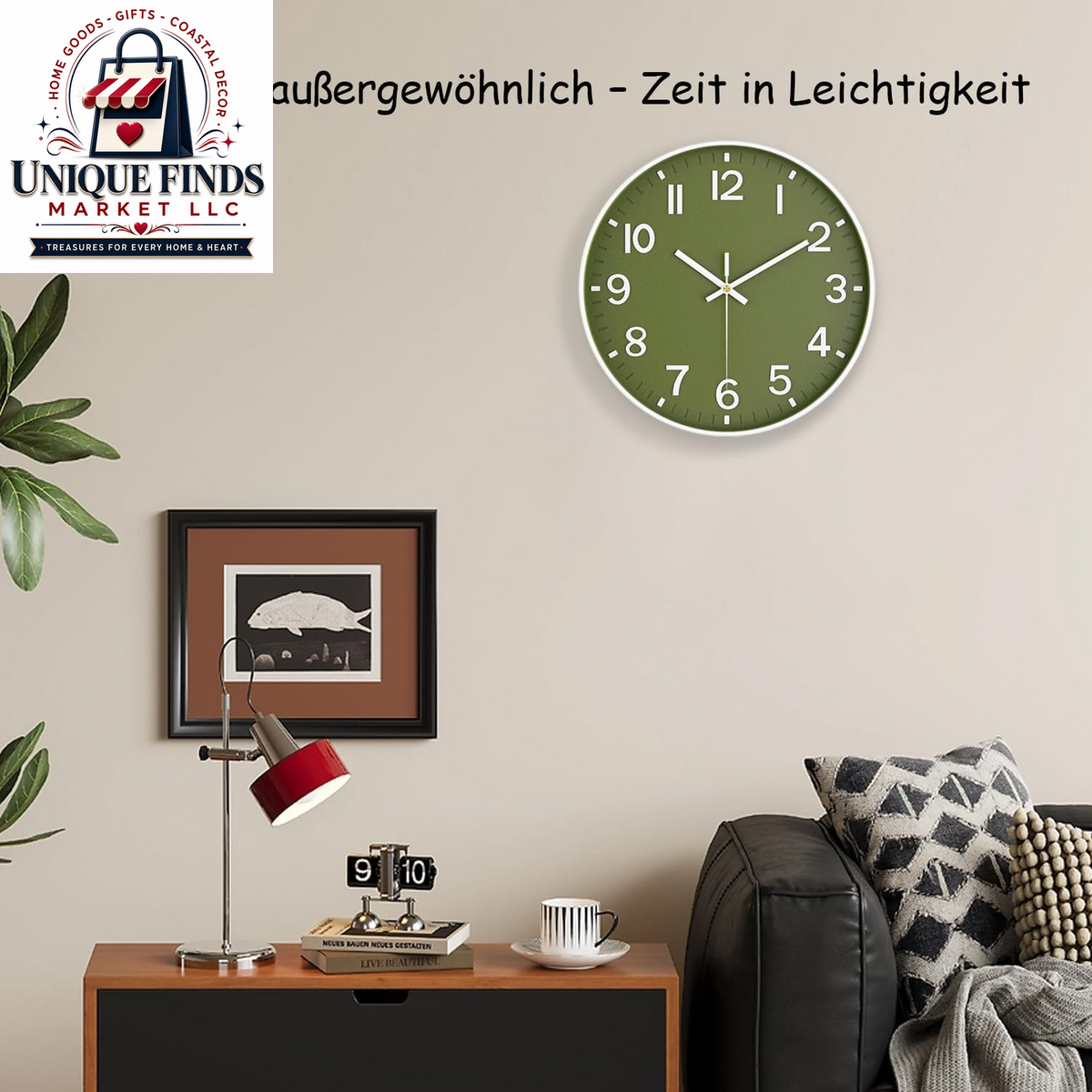 Battery Operated 12-Inch Silent Analog Wall Clock with Large Numbers for Home and Office Decor - Olive Green