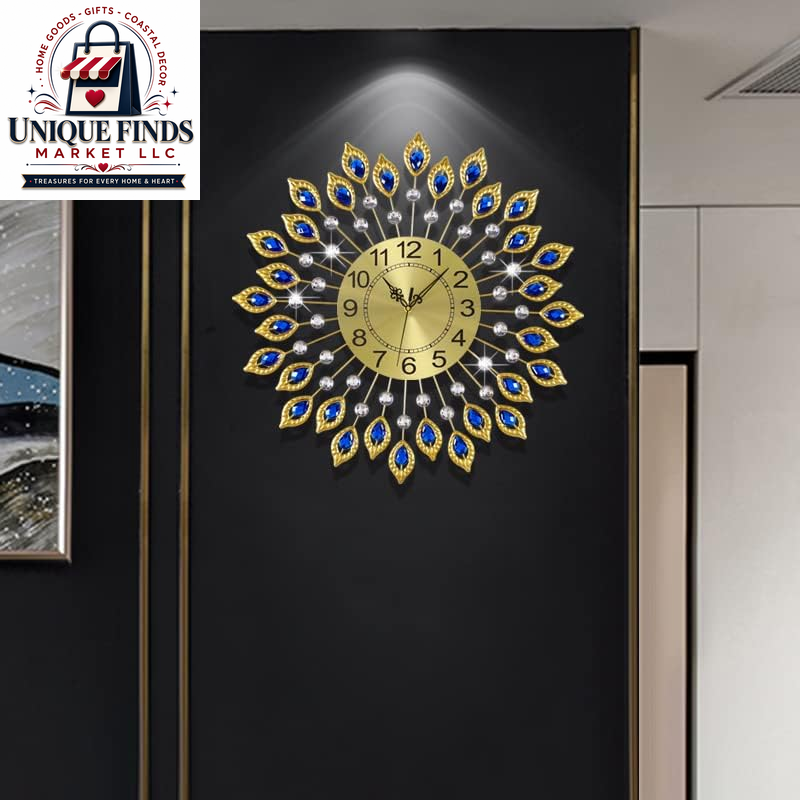 21.2-Inch Elegant Gold Large Wall Clock for Living Room Decor, Modern 3D Design with Arabic Numerals, Non-Ticking Silent Mechanism, Diamond Round Kitchen Clock