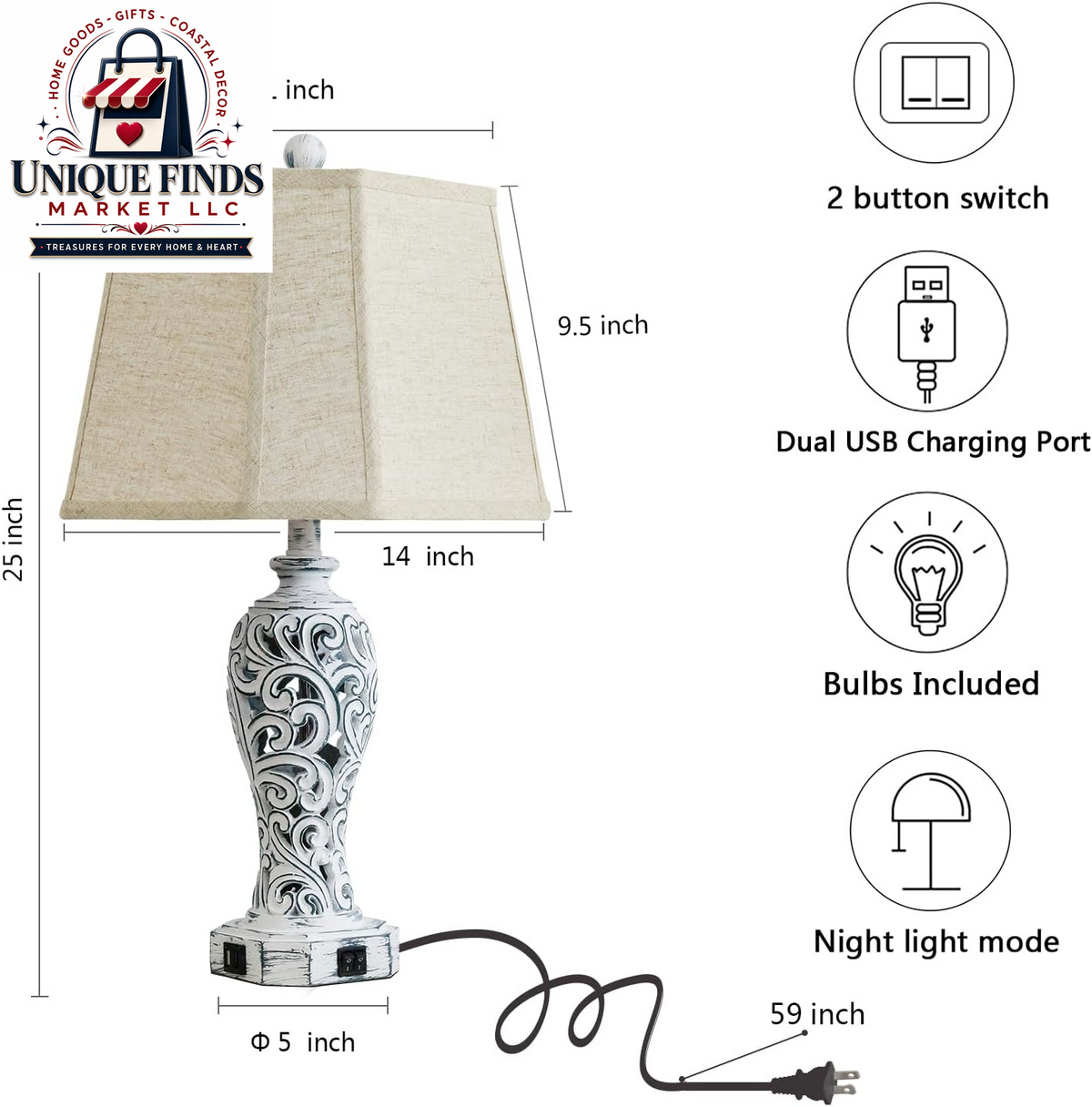 Set of 2 25-Inch Farmhouse Table Lamps for Living Room with USB C+A Ports