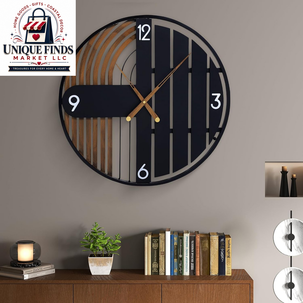 20-Inch Round Wooden Wall Clock - Silent Non-Ticking, Battery Operated