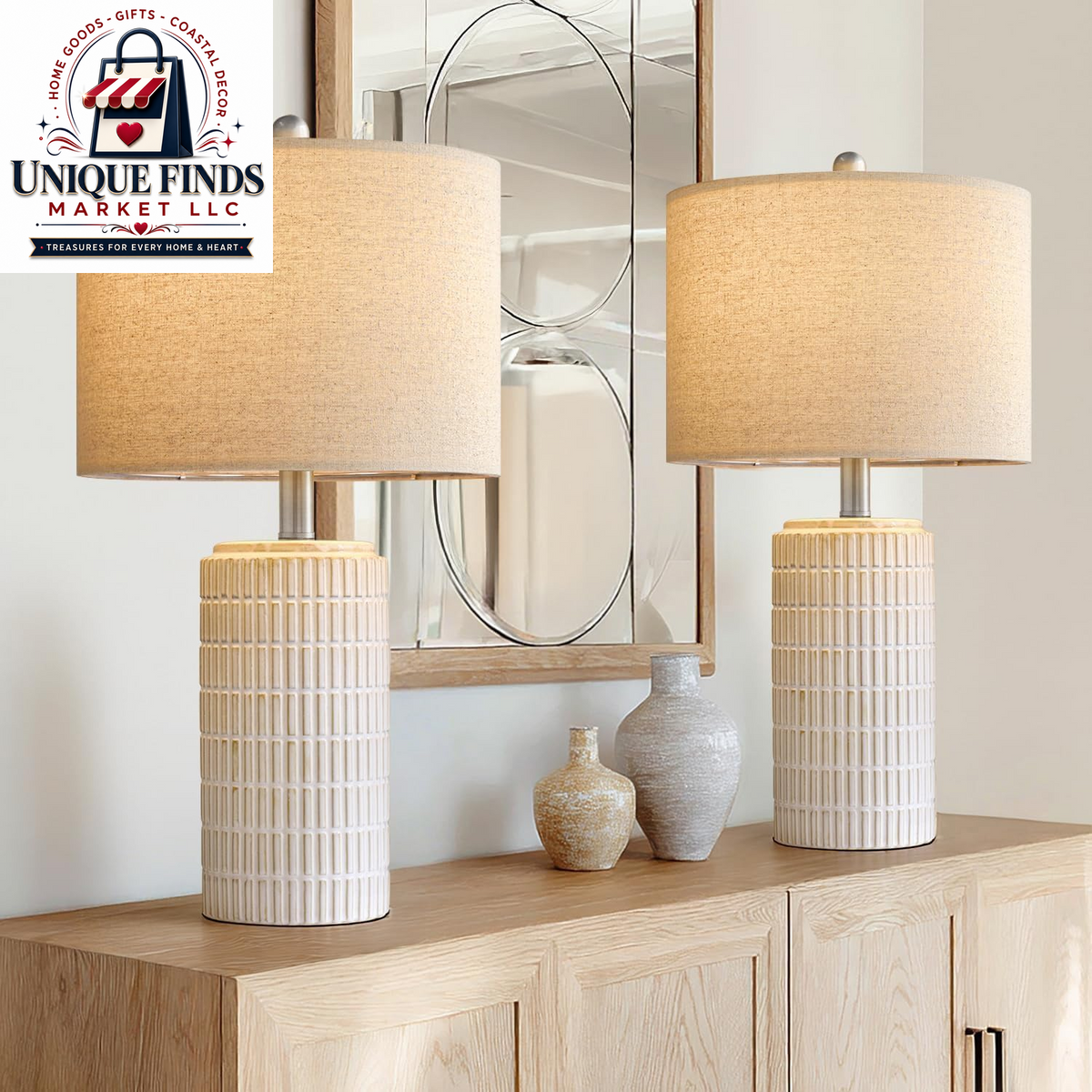Pokat Set of 2 Modern 24" Ceramic Table Lamps for Bedroom and Living Room, White and Beige Nightstand Lighting Decor