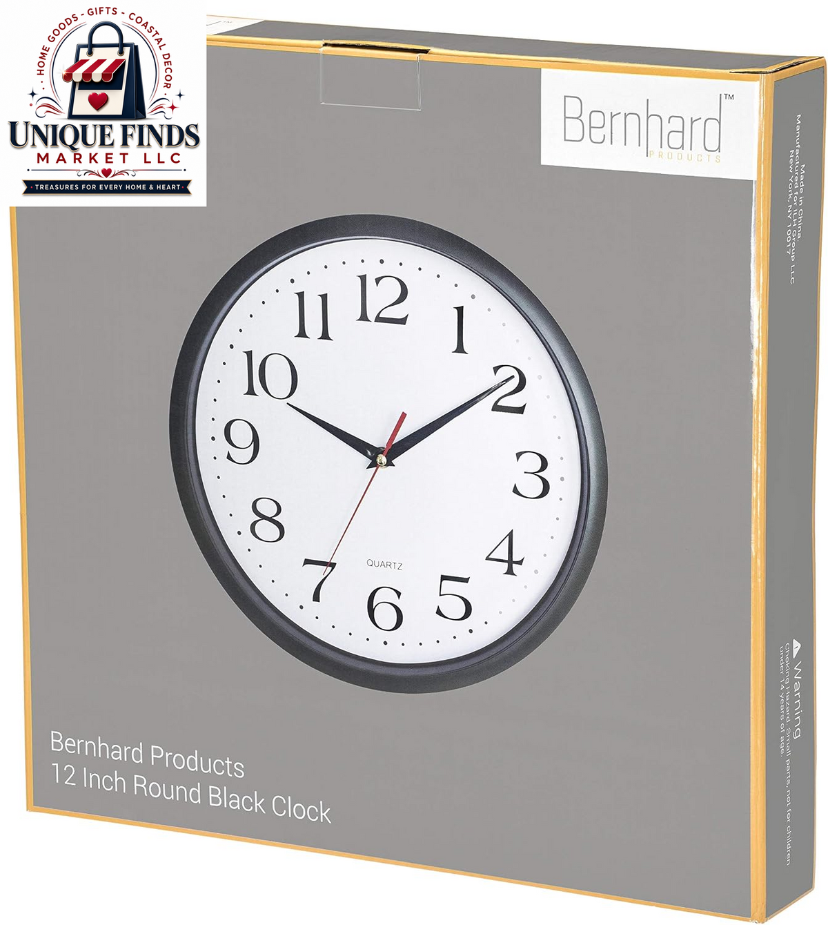Bernhard Products 12-Inch Black Silent Wall Clock - Non-Ticking Quartz, Battery Operated, Easy to Read for Home, Office, Kitchen, Classroom, and School Use