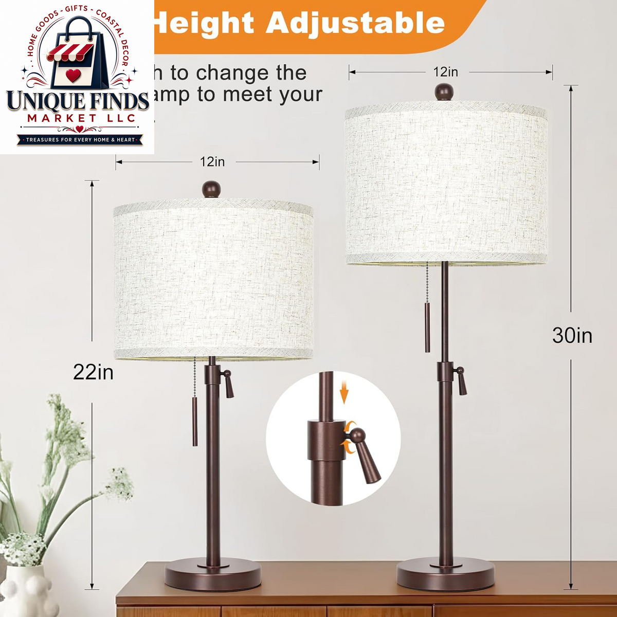 Qingmiao Adjustable Table Lamps Set of 2, 22" to 30" Dimmable Nightstand Lamps for Bedroom and Living Room, Stylish Home Decor and Ideal Housewarming Gifts