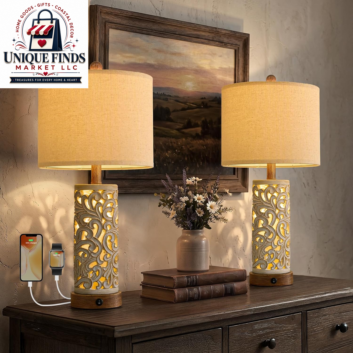 Set of 2 OYEARS 22-Inch Distressed Grey Bedside Table Lamps with Night Light