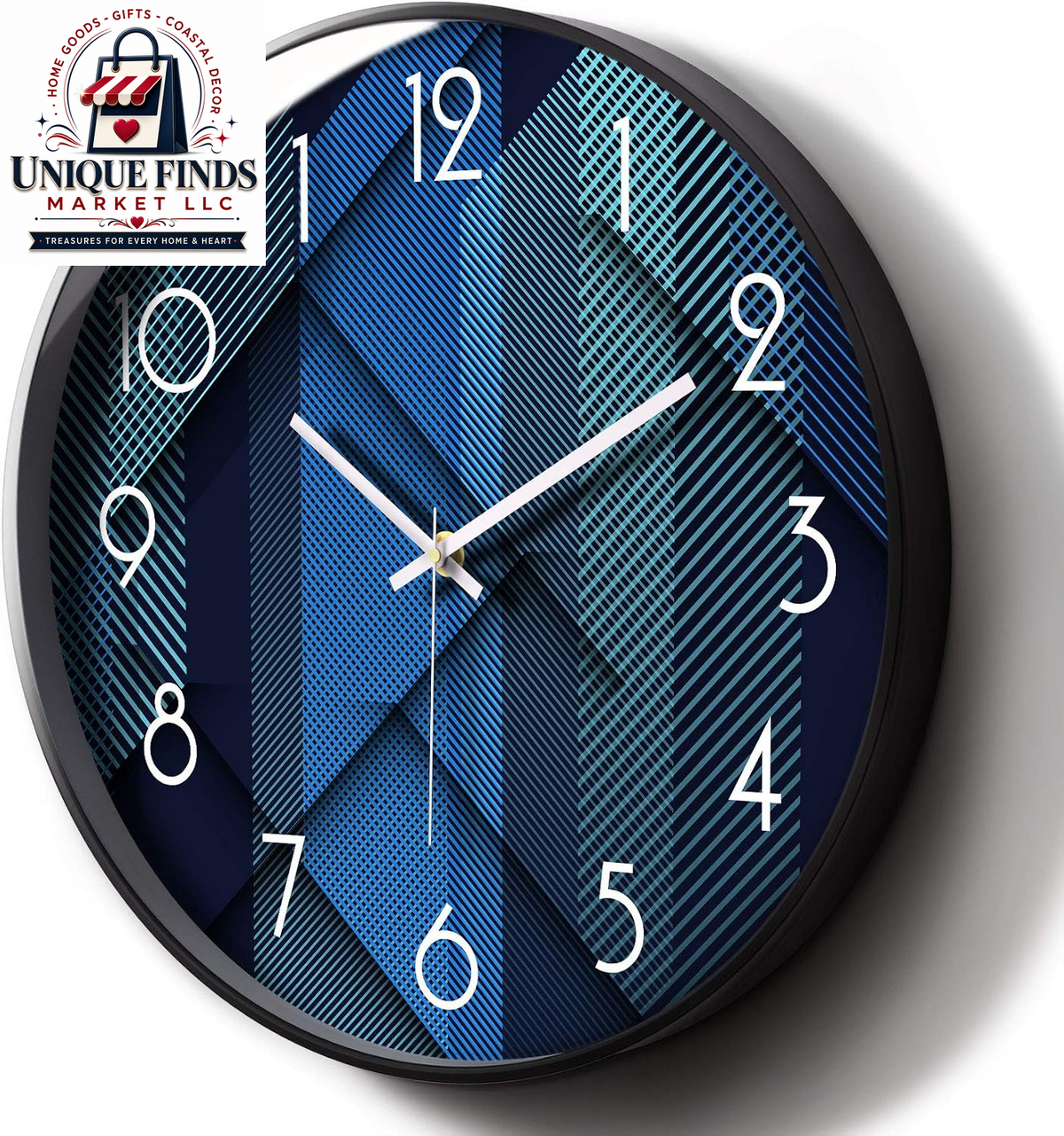 Silent Non-Ticking 12-Inch Analog Wall Clock with Geometric Blue Print Design