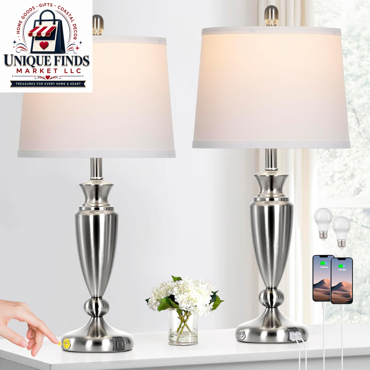 Rinweey 27-Inch Black Table Lamps Set of 2 with 3-Way Touch Control and USB A+C Ports, Modern Metal Nightstand Lamps for Living Room, Bedroom, and Office Decor