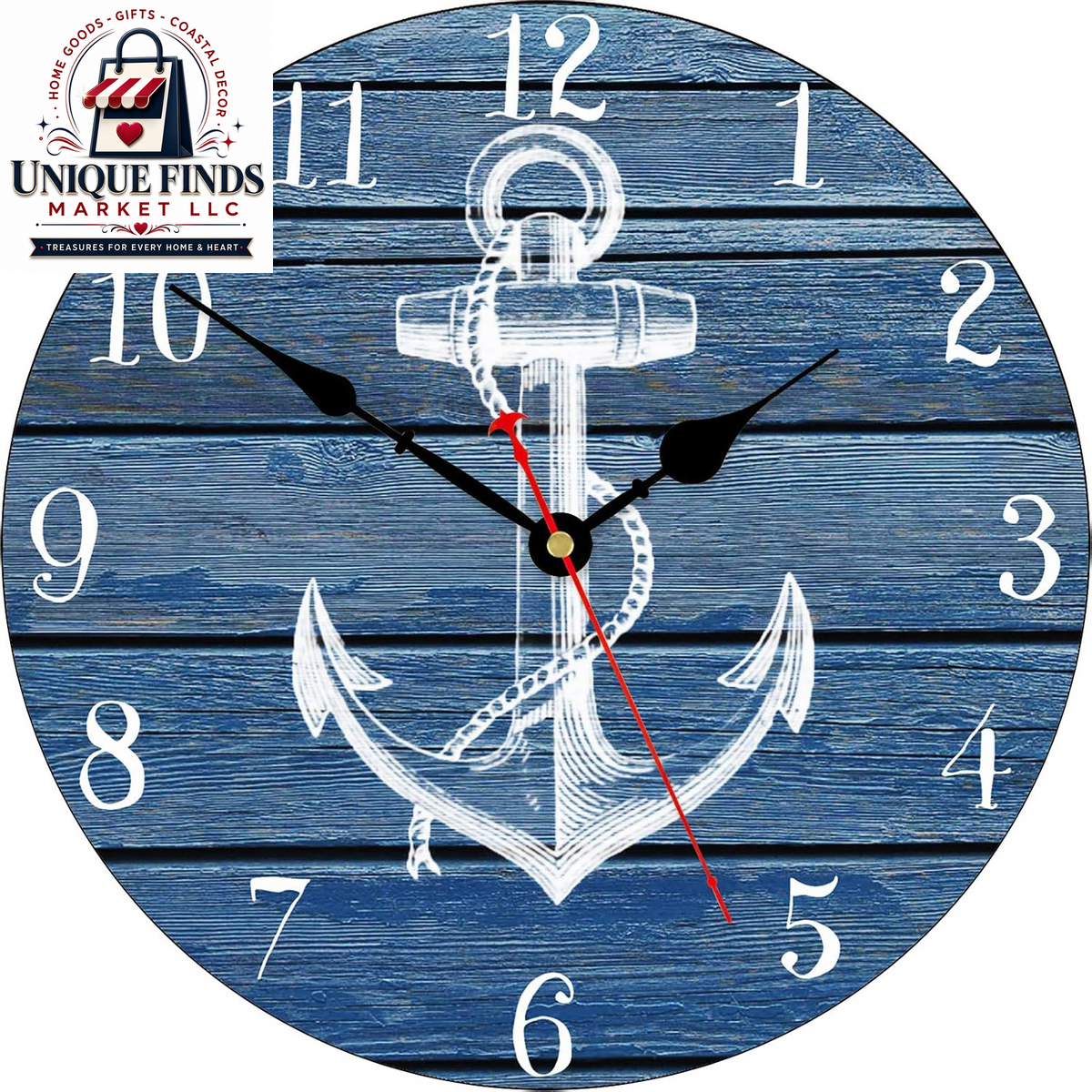 TAHEAT 14-Inch Nautical-Inspired White Anchor Pattern Wall Clock, Silent Non-Ticking Mechanism, Retro Wooden Design with Arabic Numerals, Easy-to-Read for Kitchen, Living Room, and Bedroom