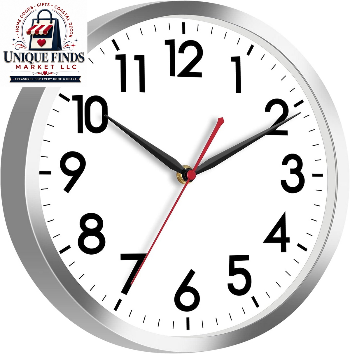 AKCISOT 12-Inch Silent Battery-Operated Analog Wall Clock in Silver