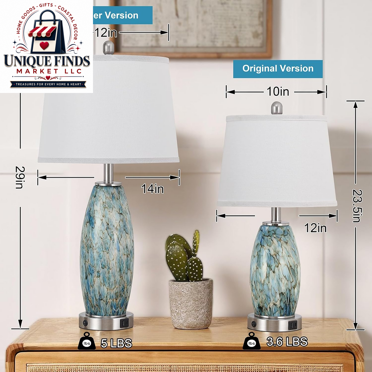 Lovlast 29-Inch Coastal Glass Table Lamp Set of 2 for Bedroom and Living Room