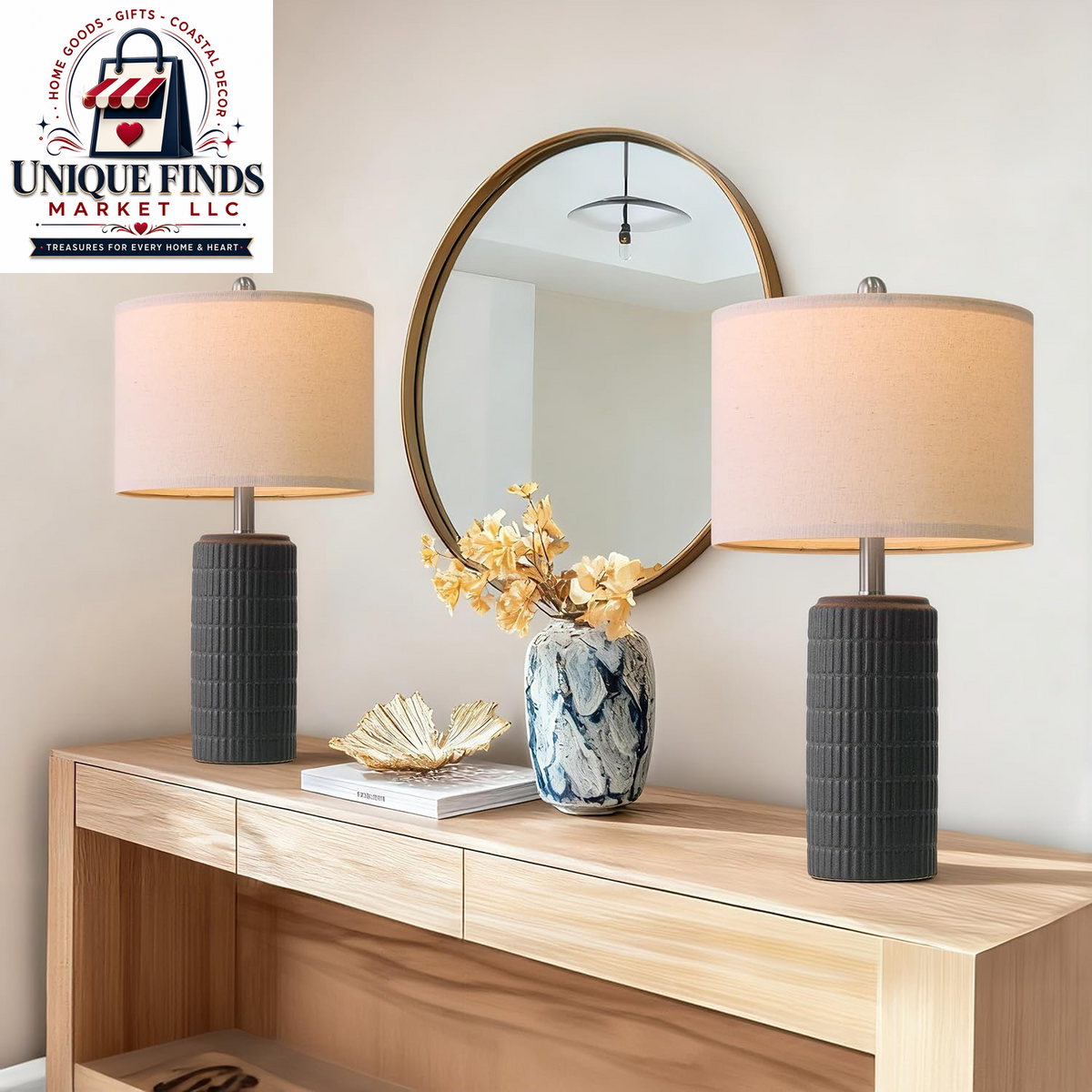 Pokat 23" Blue Ceramic Table Lamps - Set of 2, Traditional Farmhouse Bedside and Living Room Nightstand Lamps