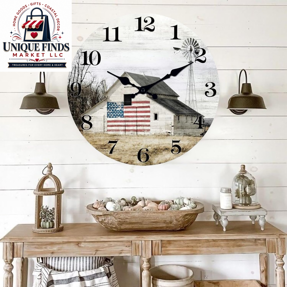 XFM 12-Inch Battery-Operated Rustic Farmhouse Wall Clock with Silent Mechanism