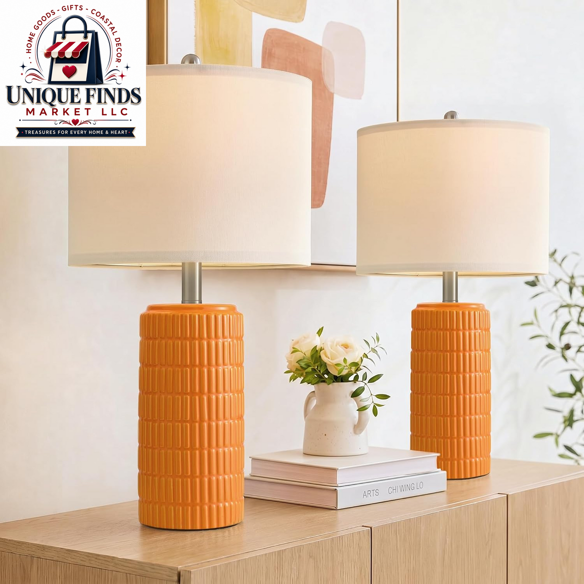 Pokat Set of 2 Modern 23" Orange Ceramic Table Lamps for Living Room and Bedroom Decor