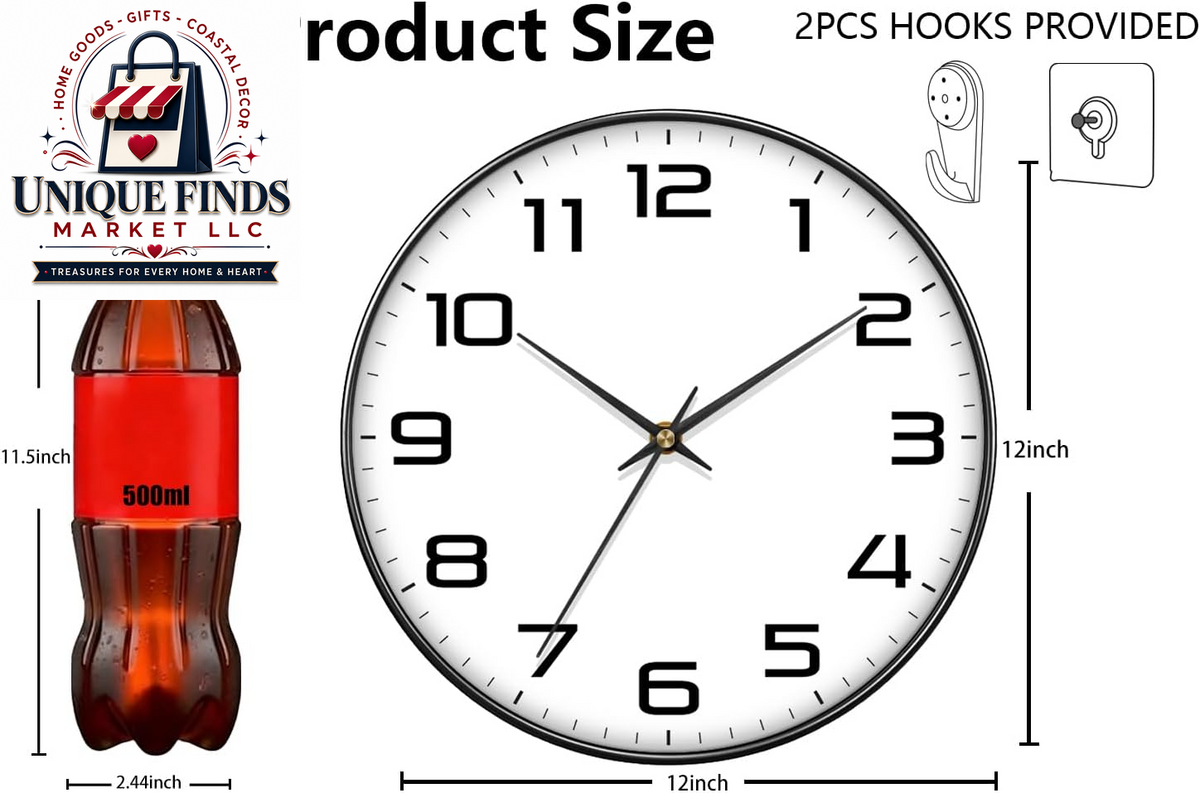Contemporary 12-Inch Battery-Operated Silent Quartz Wall Clock with Large Easy-to-Read Numbers and Tempered Glass for Home and Office Decor
