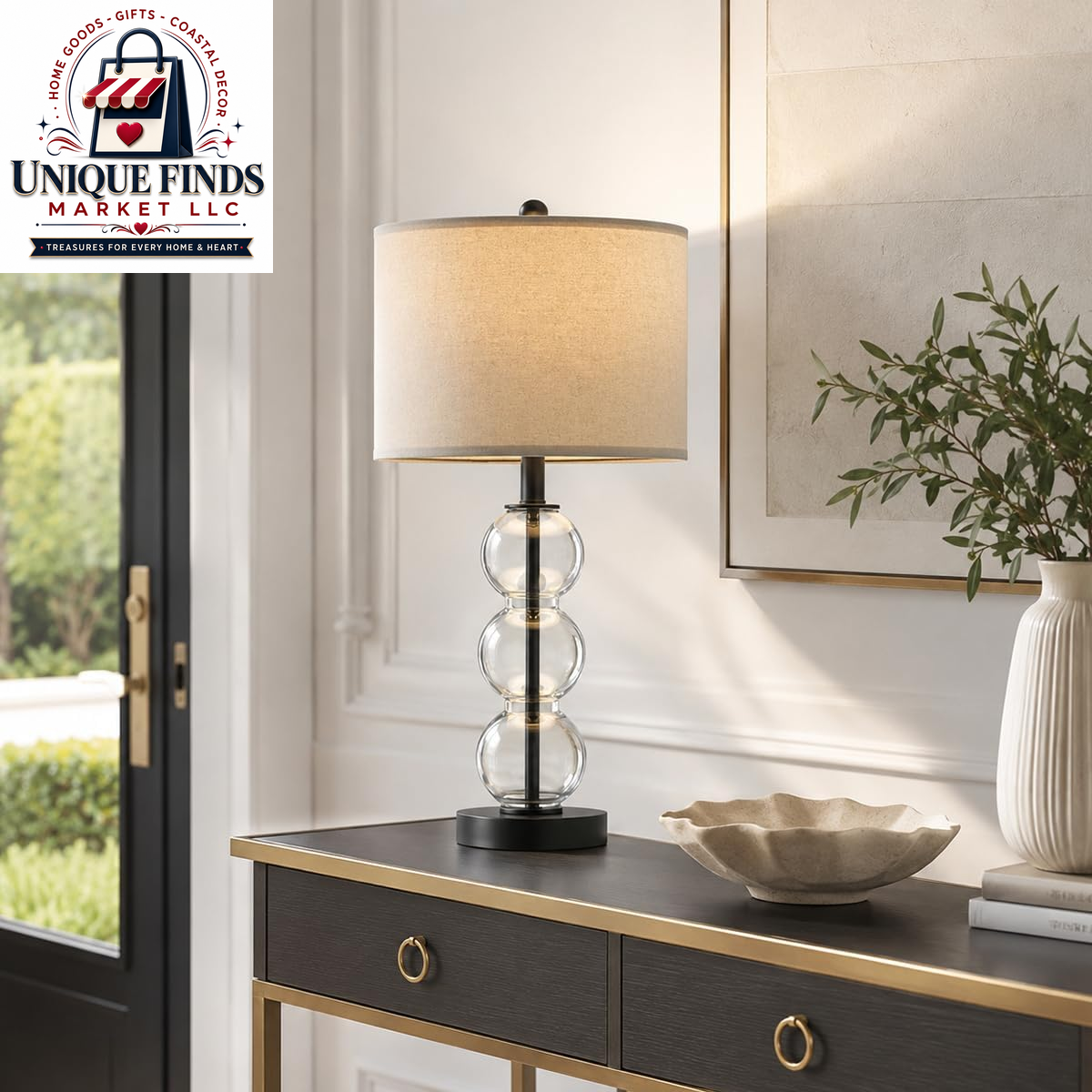 Oneach 25-Inch Black Modern Glass Table Lamps Set of 2 with USB Ports, Linen Shade for Living Room and Bedroom Nightstands (Bulbs Not Included)